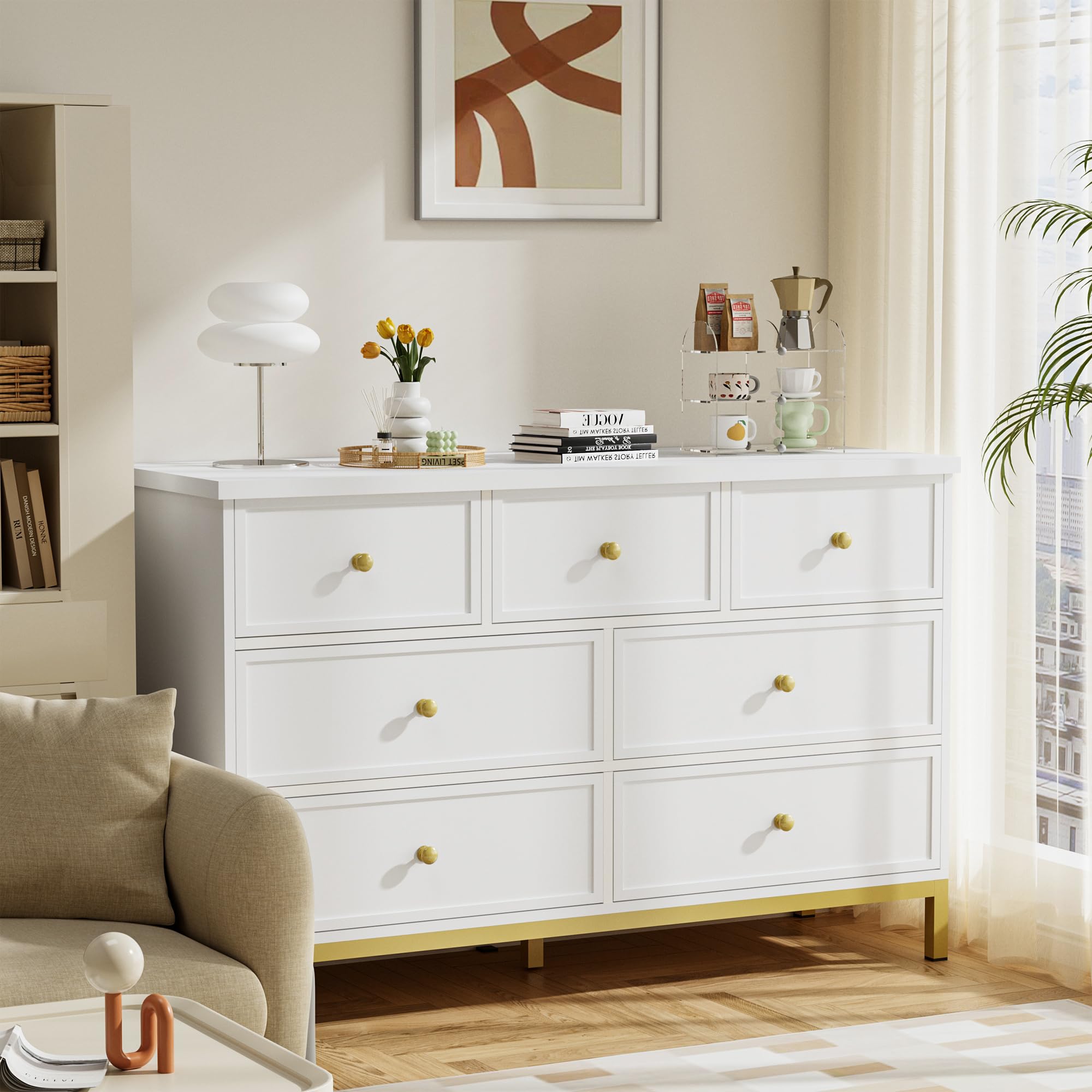 Pamapic Modern 7-Drawer White Dresser,47" White Wooden Dresser for Bedroom, Storage Organizer with Deep Drawers & Metal Handles for Bedroom, Entryway, Hallway