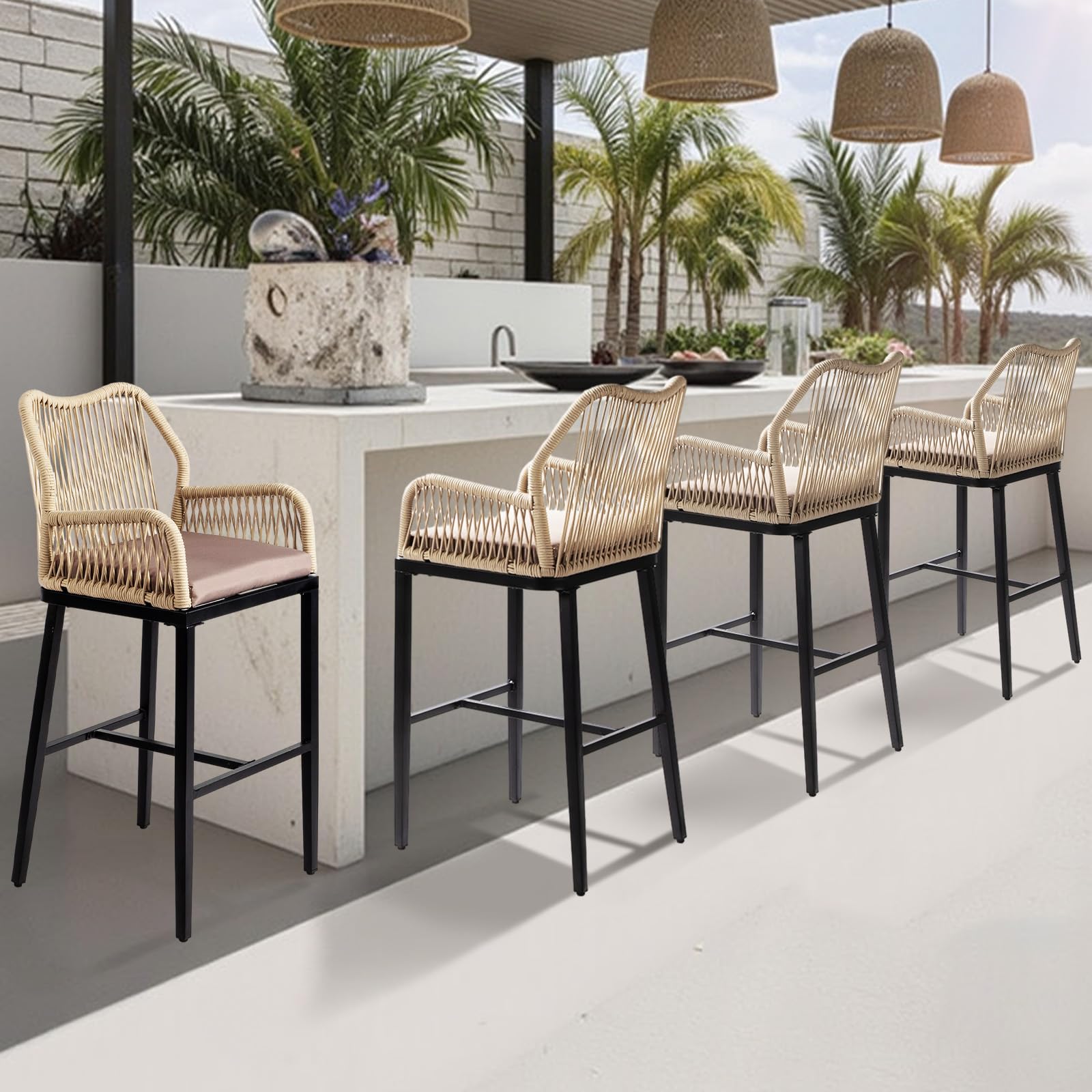 Outdoor Wicker Bar Stools with Cushions (Set of 2)