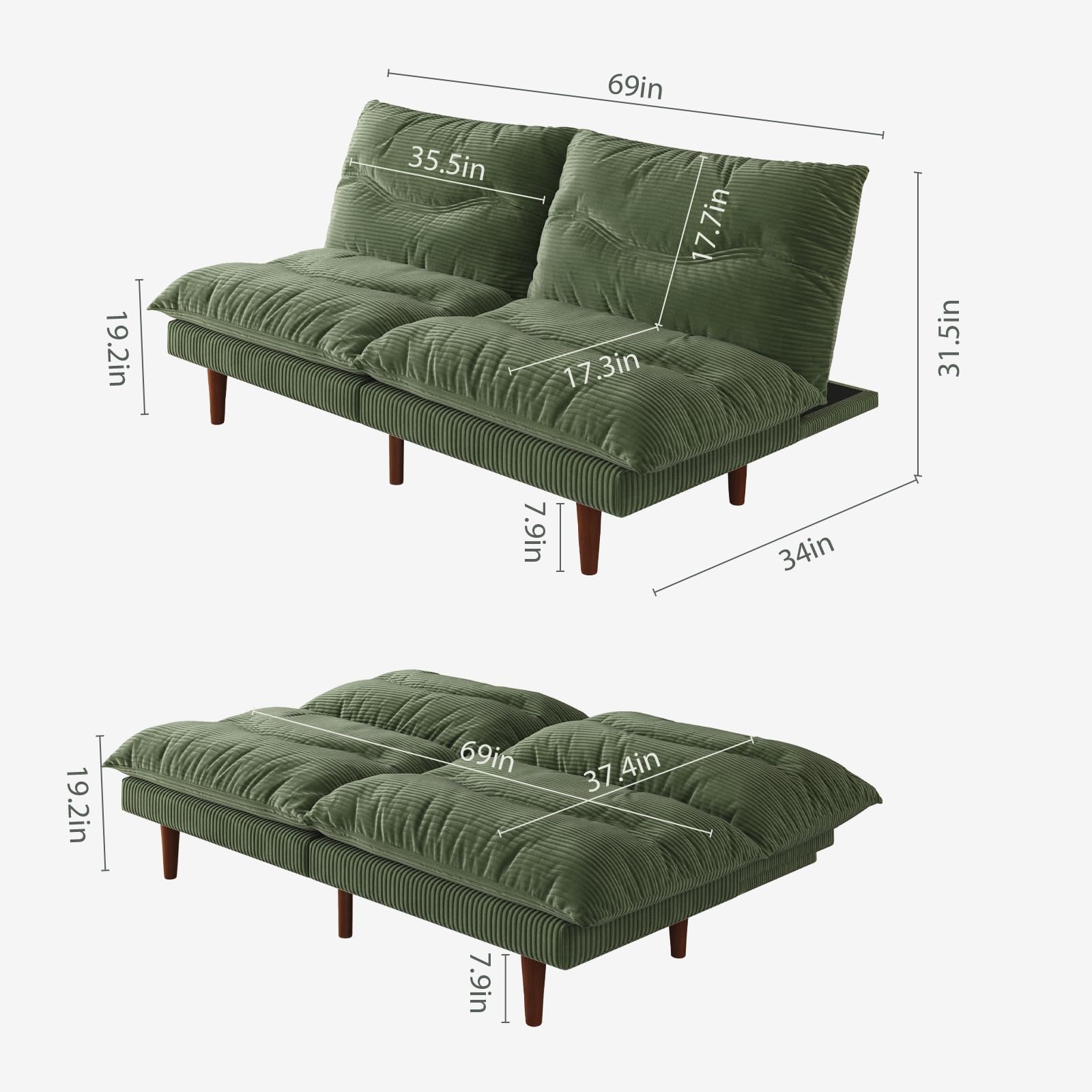 Convertible Futon Sofa Bed with Adjustable Backrest
