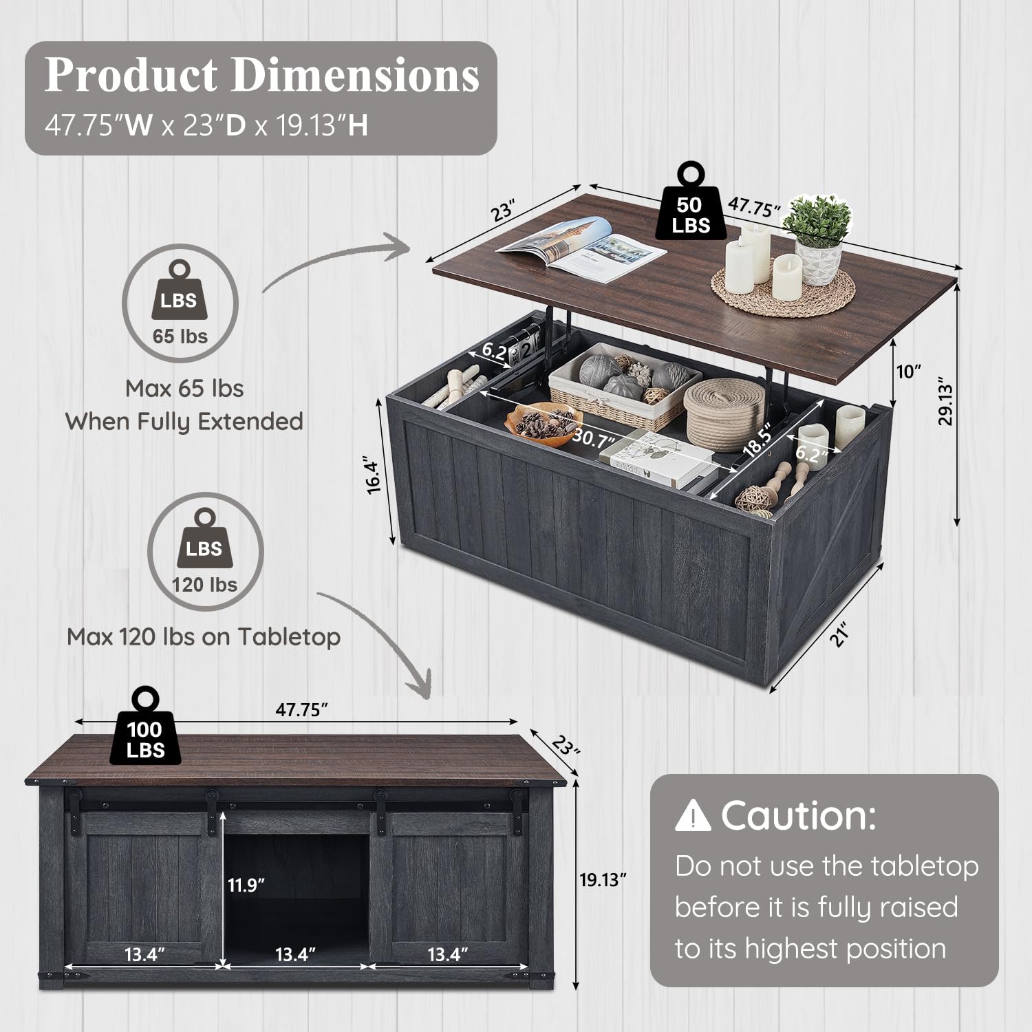 IFGET 48" Lift Top Coffee Table, Farmhouse Cocktai with Sliding Groove Barn Door, Rustic Wood Center Table w/Double Storage Spaces for Living Room, Dark Grey