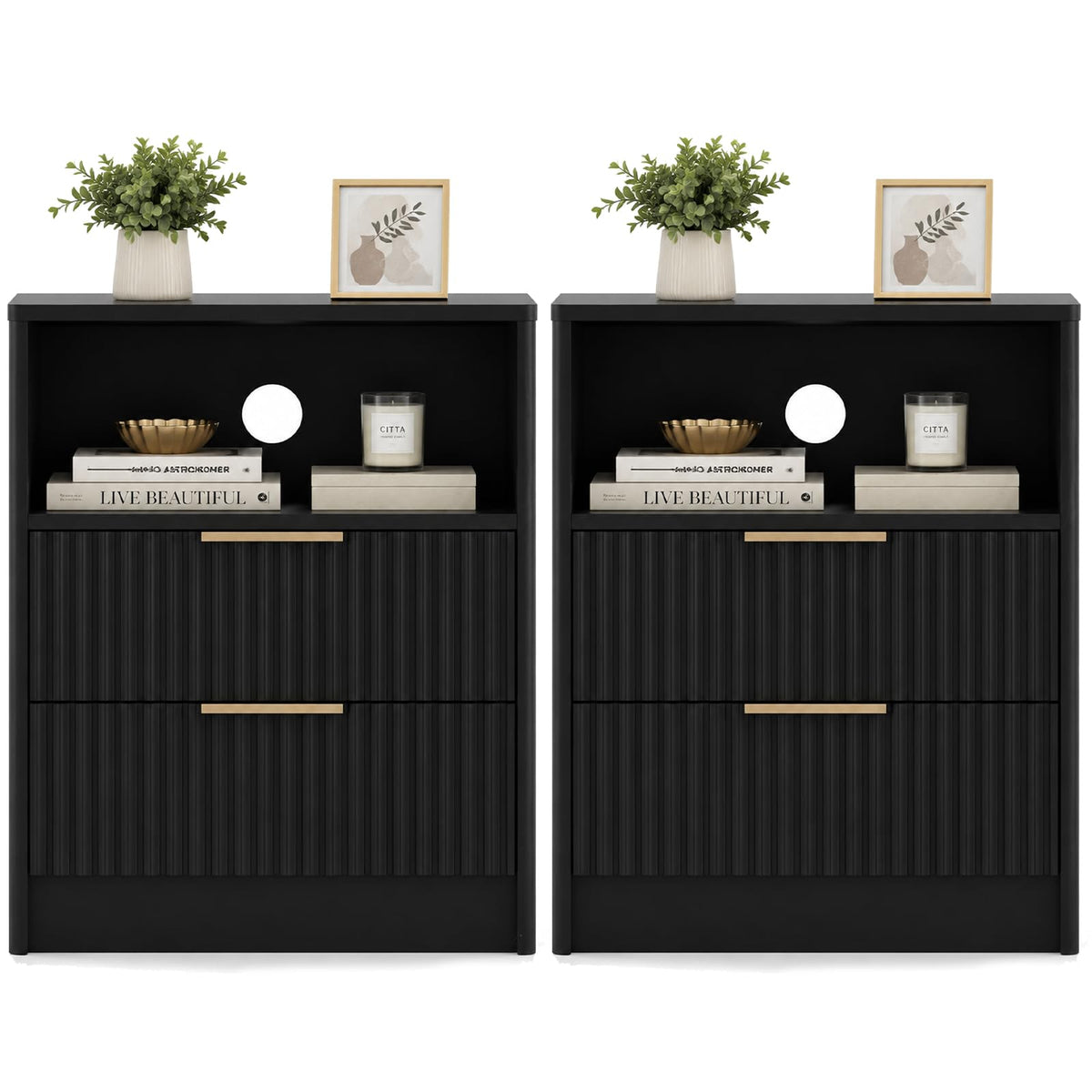 Black Fluted Nightstands Set of 2