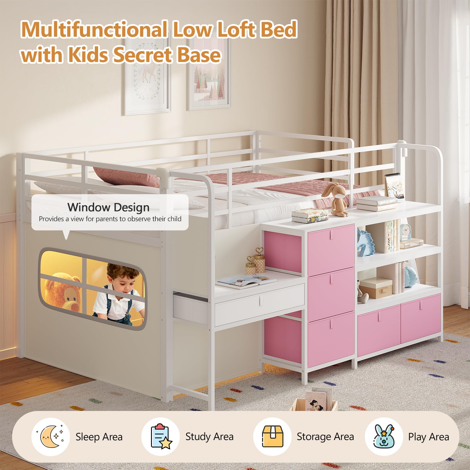 Twin Low Loft Bed with Desk, Storage Drawers & LED Lights