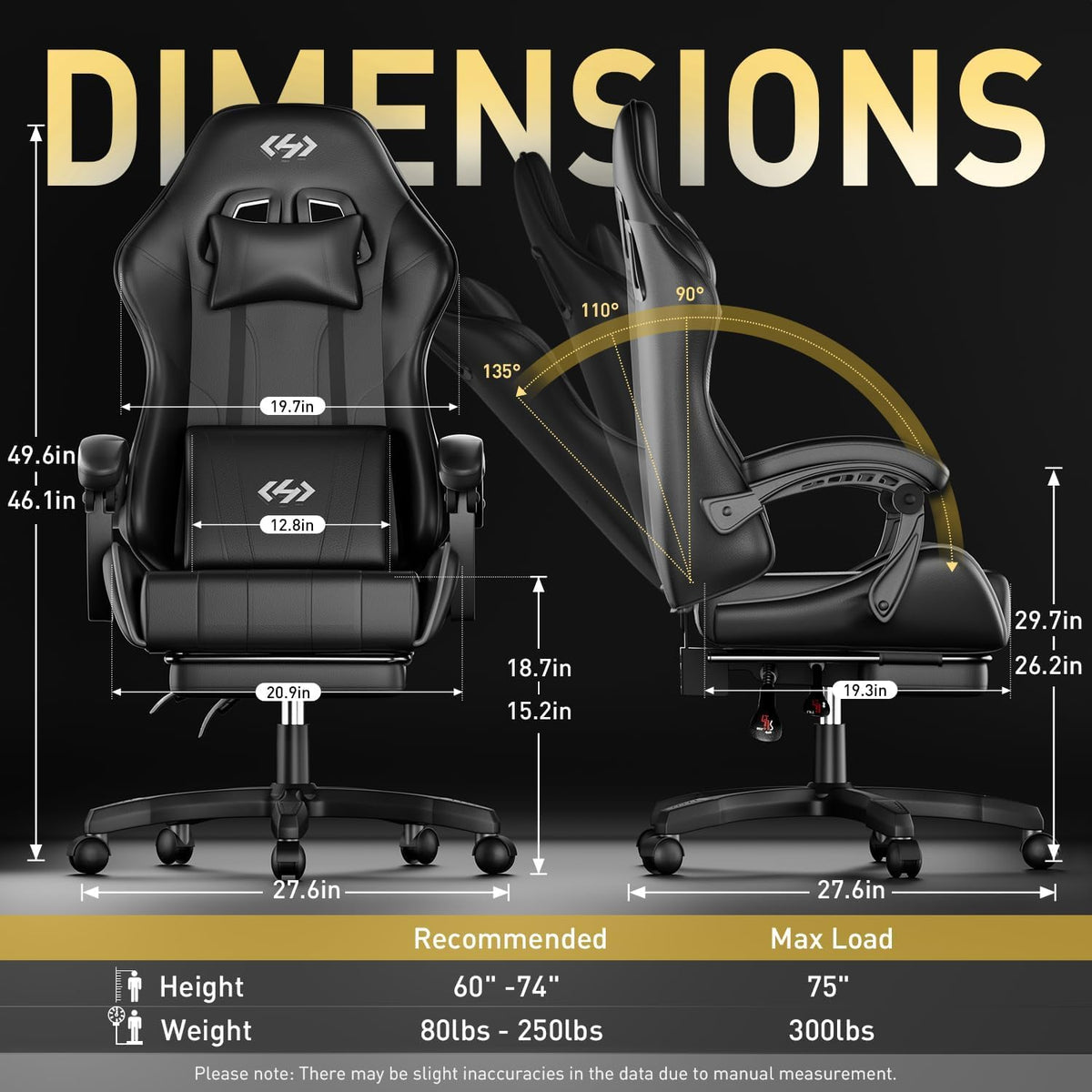 HLDIRECT Gaming Chair with Footrest, Lumbar Support & Headrest, Black