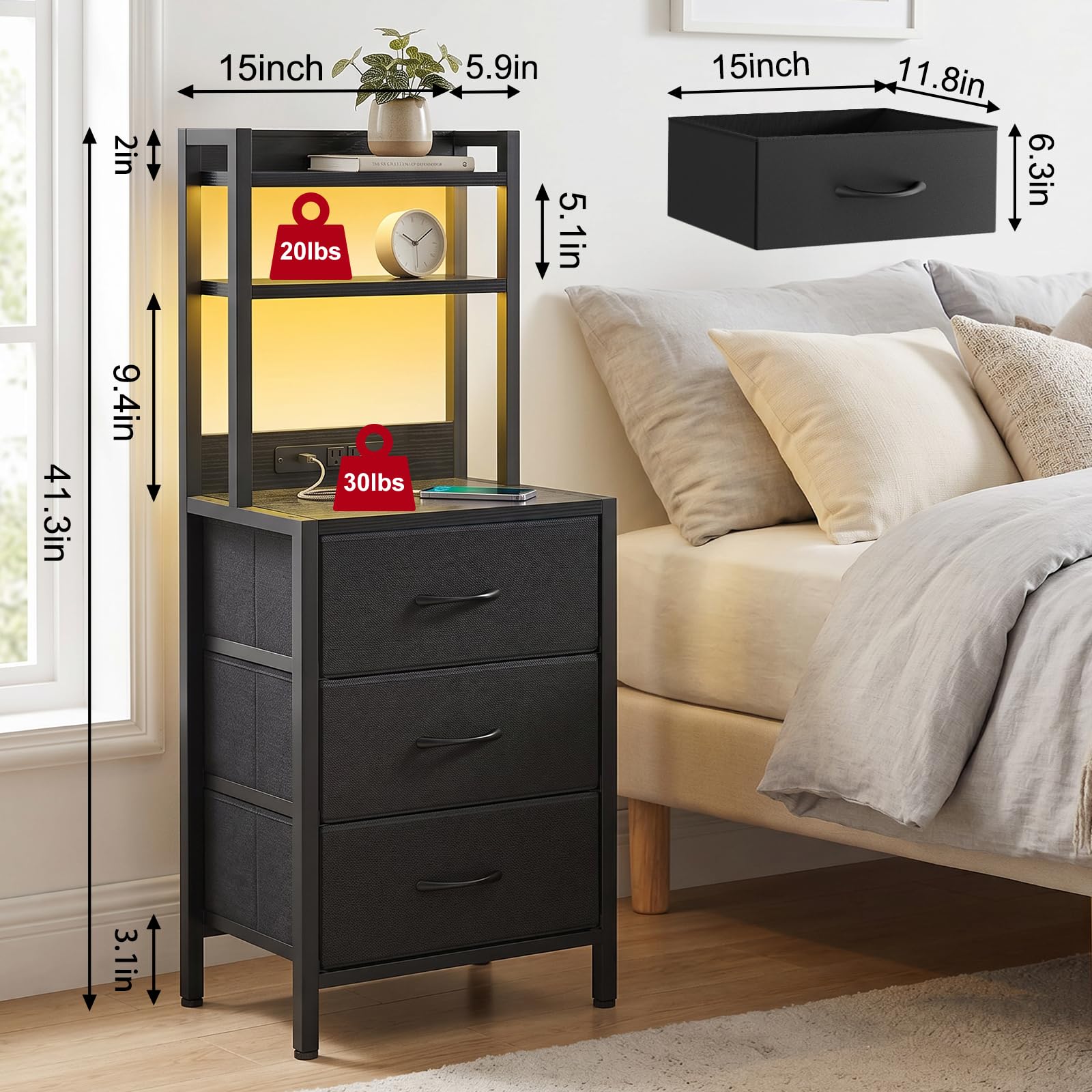 Fixwal 41 Inch Tall Nightstand with Charging Station, 3 Fabric Storage Drawers and Shelves, Led Night Stand with U-S-B Port & Socket, Bedroom Dorm Office, Bedside Table & Bookshelf in One, Black