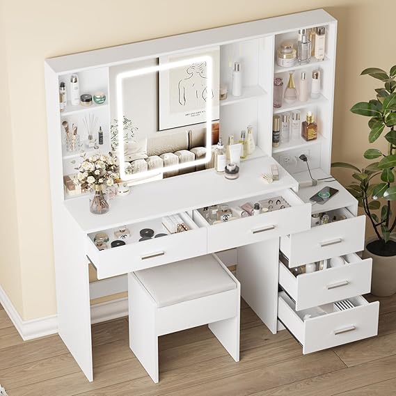 Vanity Desk with LED Mirror, 5 Drawers & Charging Station