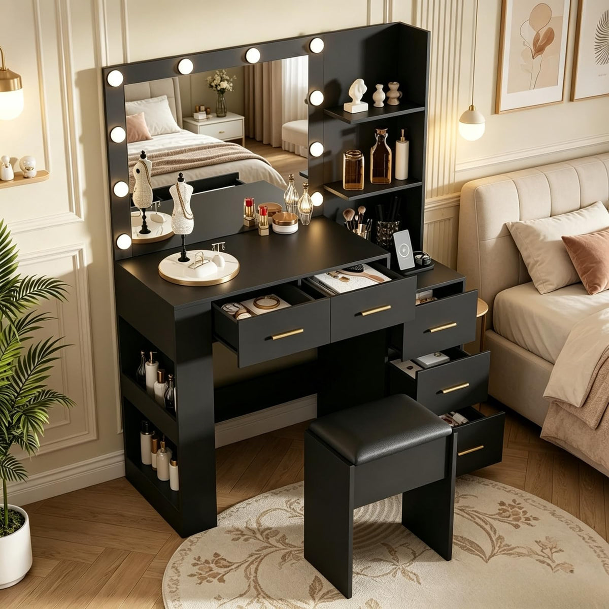 Makeup Vanity with Lighted Mirror & Stool