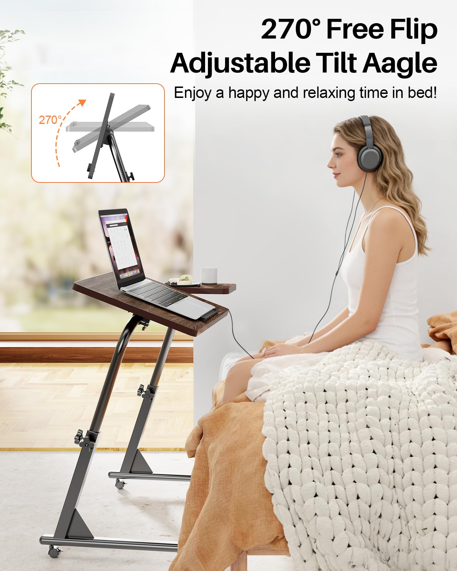 Forjarn TV Tray Table, Mobile TV Dinner Trays for Eating on Couch, Folding Side Desk with Wheels, Tilt & Height Adjustable Snack Table Laptop Desk for Sofa Living Room Bedroom & Office (Brown)