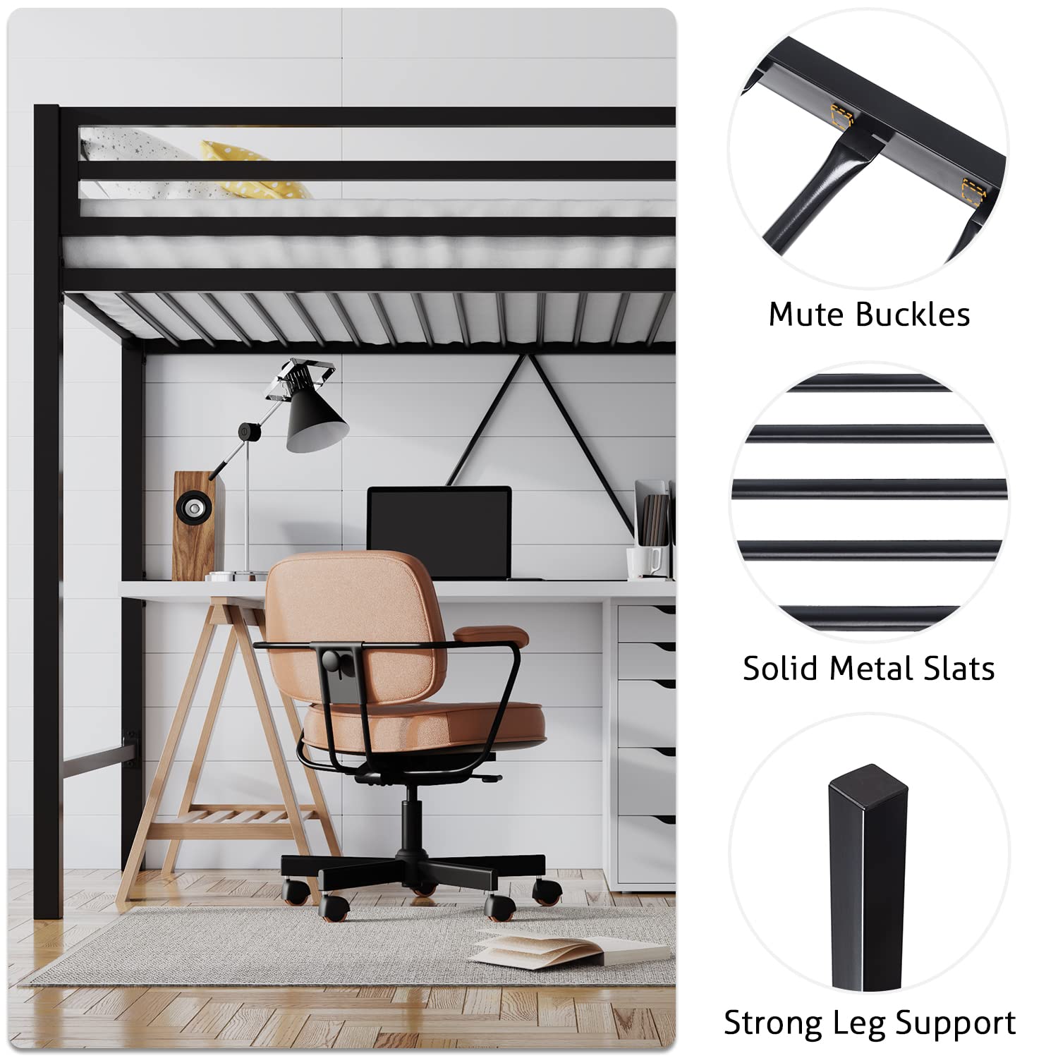 Twin Size Metal Loft Bed with Removable Ladder, Guardrail & Metal Slats