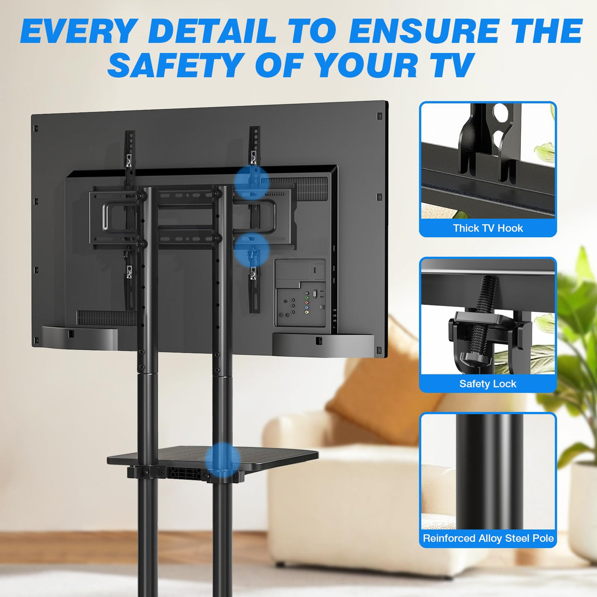 Rfiver Rolling TV Stand with Laptop Shelf, Mobile TV Stand with Upgraded Wheels for 32-75 Inch TVs, Height Adjustable Mobile TV Cart up to 88lbs, Portable TV Mount Stand for Outdoor, Home, Office