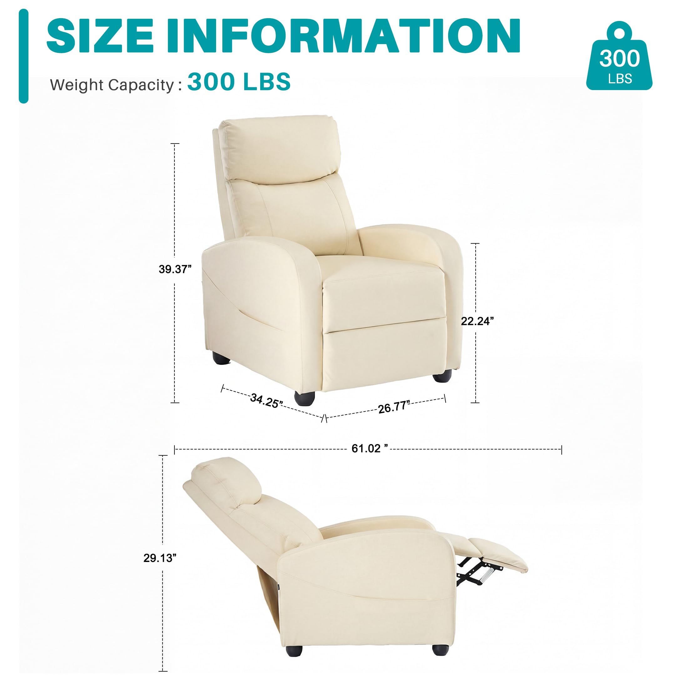 Sweetcrispy Recliner Chair Fabric Recliner Sofa No Massage, Home Theater Seating with Lumbar Support, Adjustable Push Back Overstuffed High-Density Sponge Reclining for Living Room, Beige