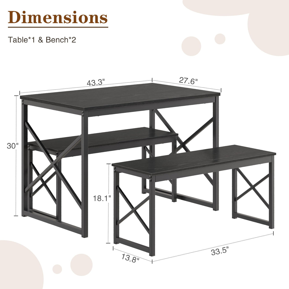 VECELO 43.3" Kitchen Dining Table Set for 4, Heavy-Duty Steel Frame & Wood-Grain Tabletop, Space-Saving Dinette Sets with 2 Benches for Breakfast Nook and Small Space, Matte Black