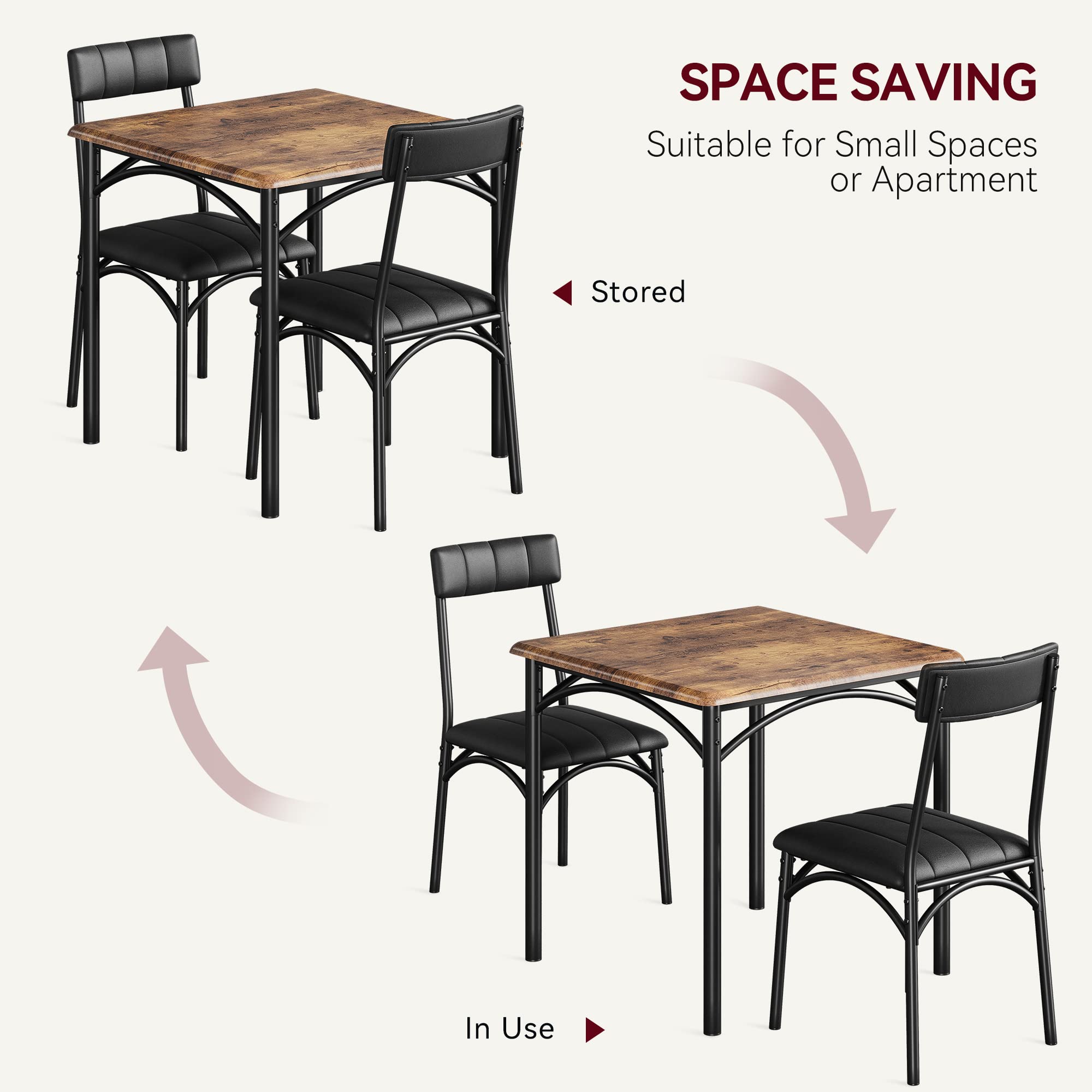 SLEKVERSA 3-Piece Dining Table Set for 2, Kitchen Table Set with 2 Upholstered Chairs, Square Dining Table Set for Apartment, Studio, Small Space, Brown