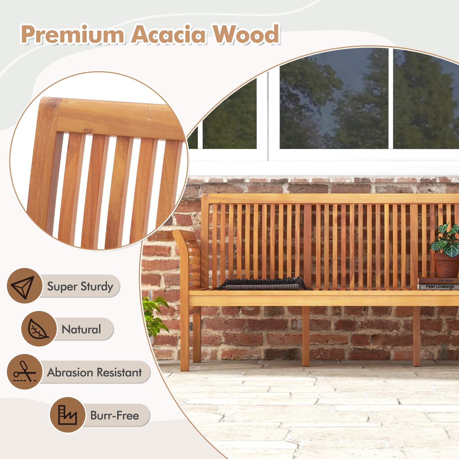 3-Seat Outdoor Wood Bench with Cushion