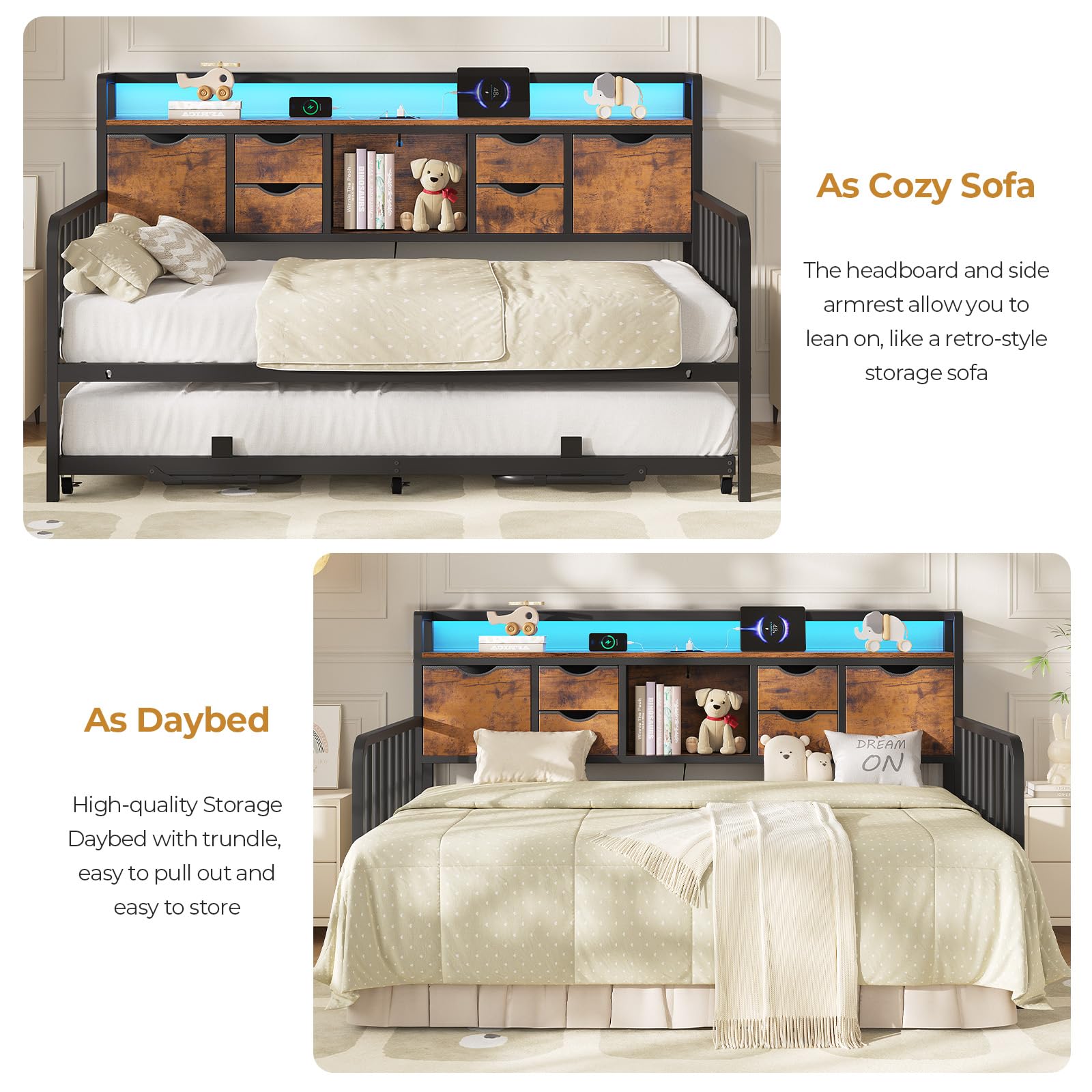 Twin Daybed with Pop-Up Trundle & Storage Headboard