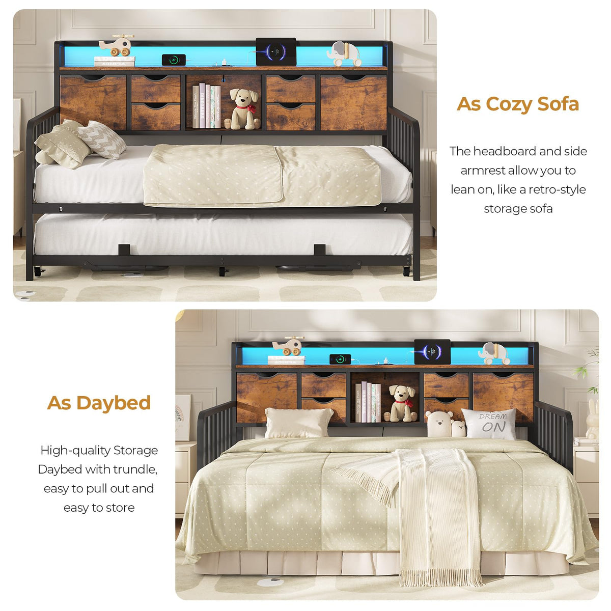 ADORNEVE Twin Daybed with Pop-UpTrundle & Storage Headboard, Vintage Brown