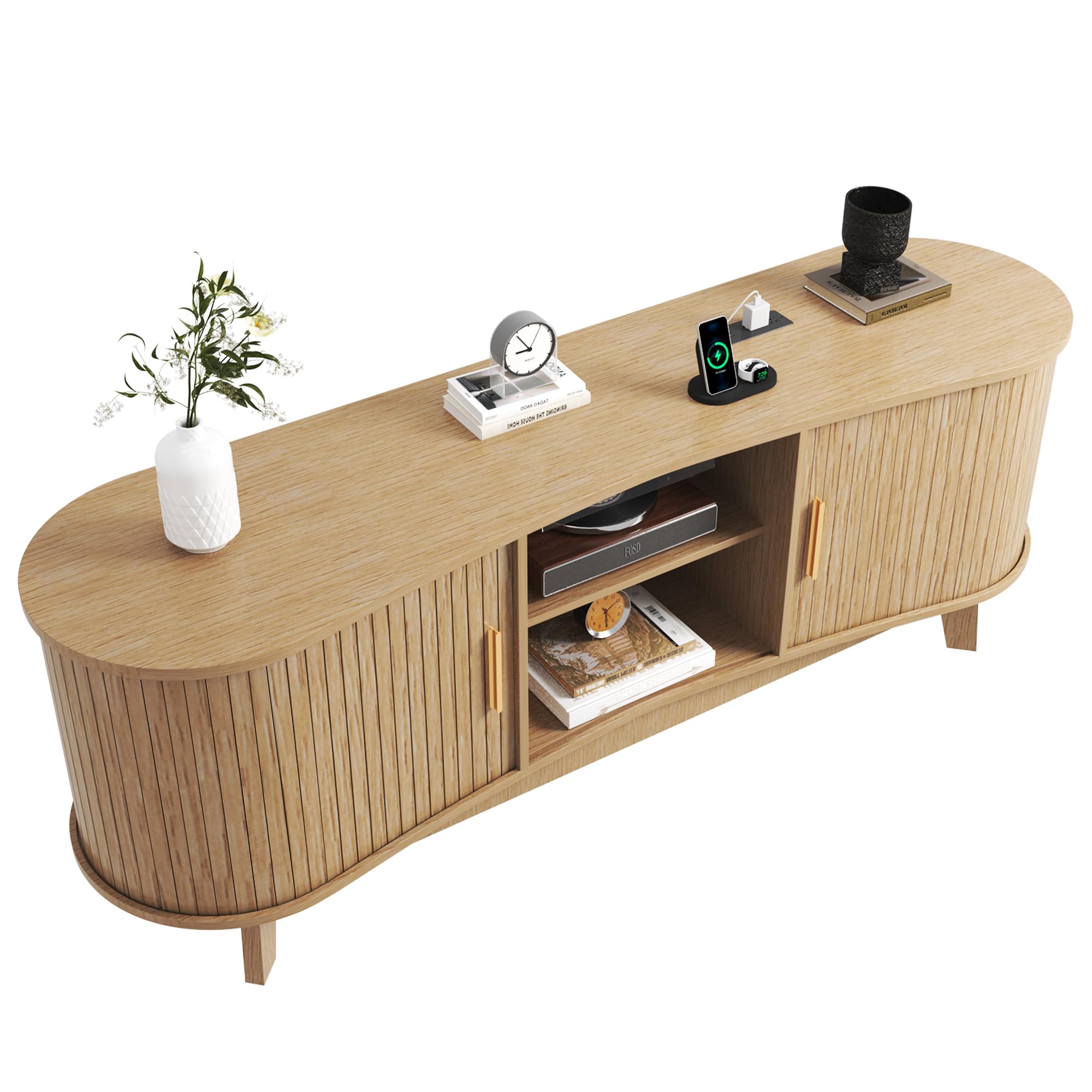 Homiflex Mid Century Modern TV Stand for 65 Inch TVs, Fluted TV Stands with Open Shelves and Sliding Door, Media Cabinet with Power Outlet, Entertainment Center with Storage for Living Room, Natural