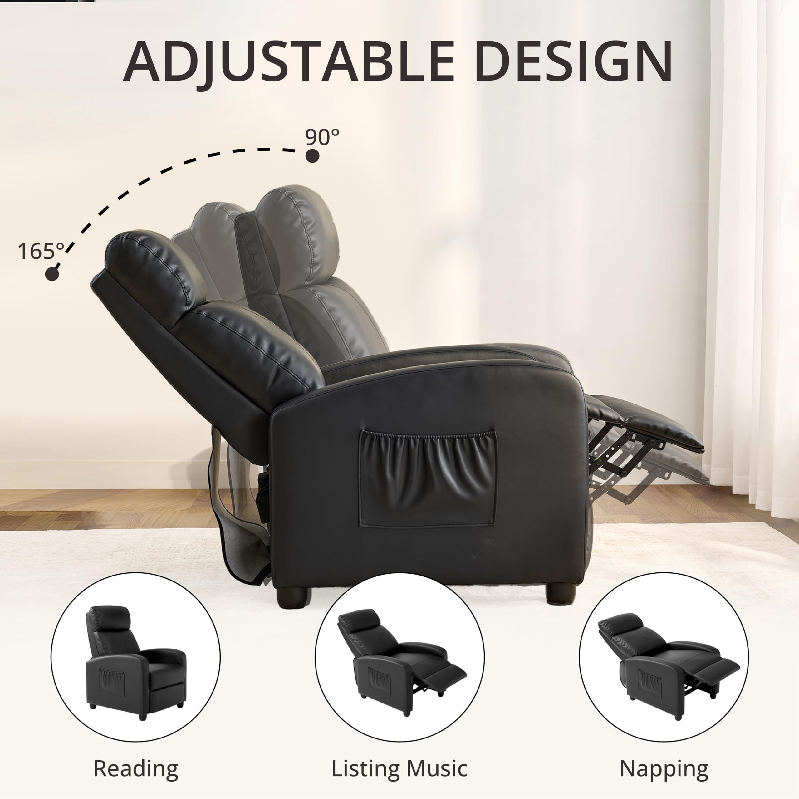 zzlay Leather Recliner Chair for Living Room, Modern Adjustable Home Theater Seating Single Sofa with Adjustable Backrest & Padded Armrests, Manual Push Back Armchair for Small Spaces,Black
