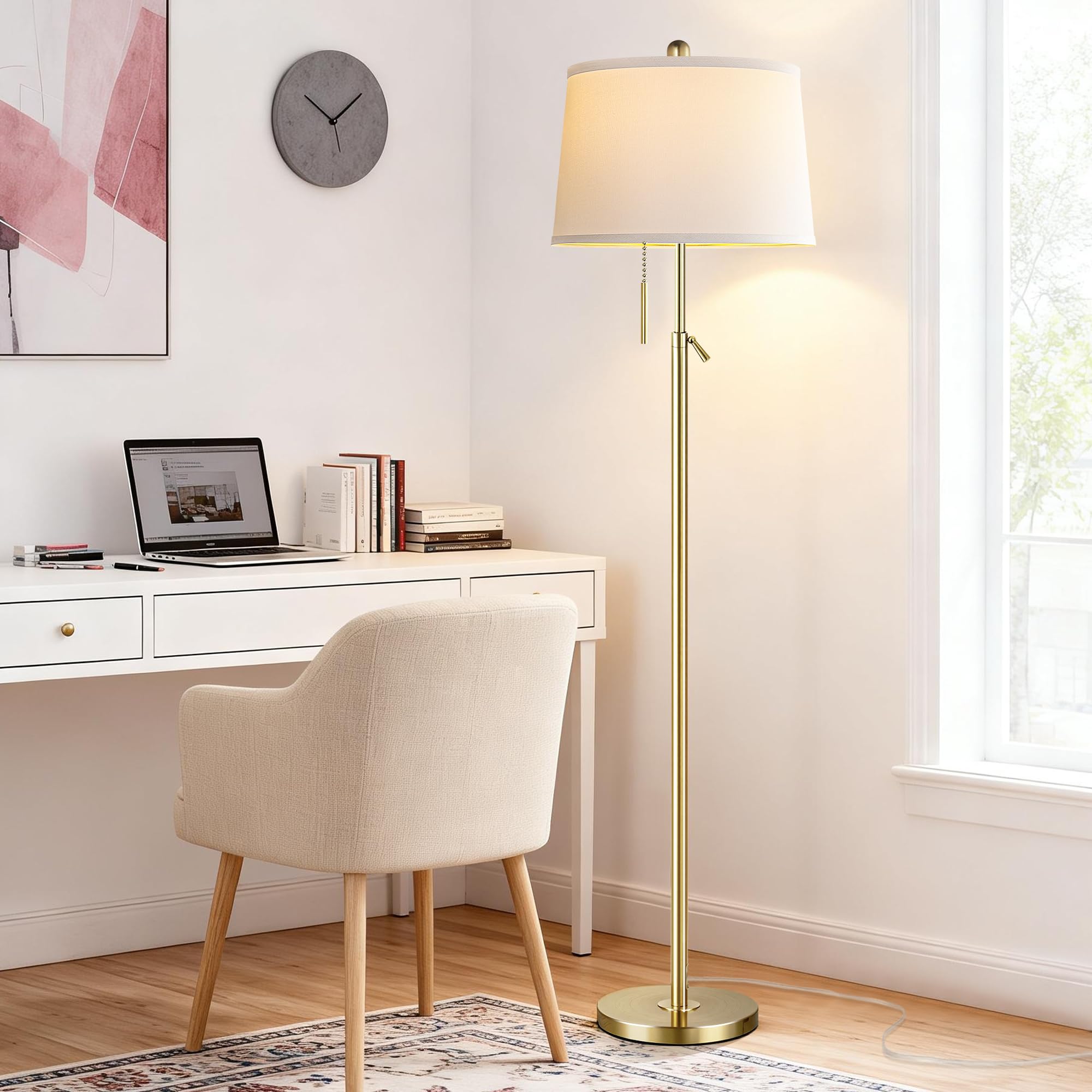 Gold Floor Lamp for Living Room, Modern Standing Lamp 55-67" Height Adjustable Brass Tall Floor Lamp with Pull Chain Switch and 3 CCT LED Blub for Living Room, Bedroom, Office & Corner Reading