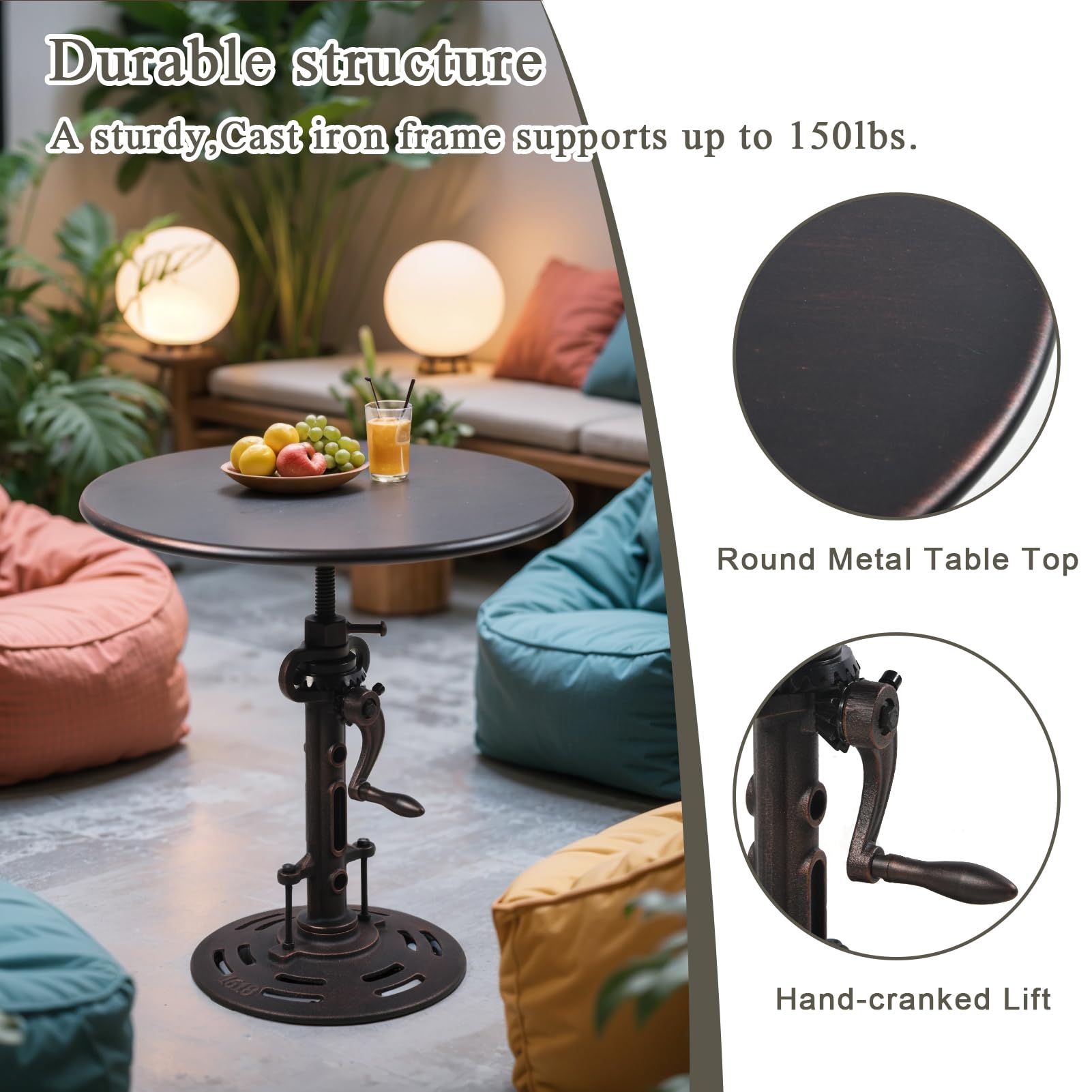 LOKKHAN Vintage Industrial Adjustable Height Crank Table for Home or Café- Round Iron Bistro/Dining/Desk with Mechanical Inspired Hand- Rustic Antique Style, Copper