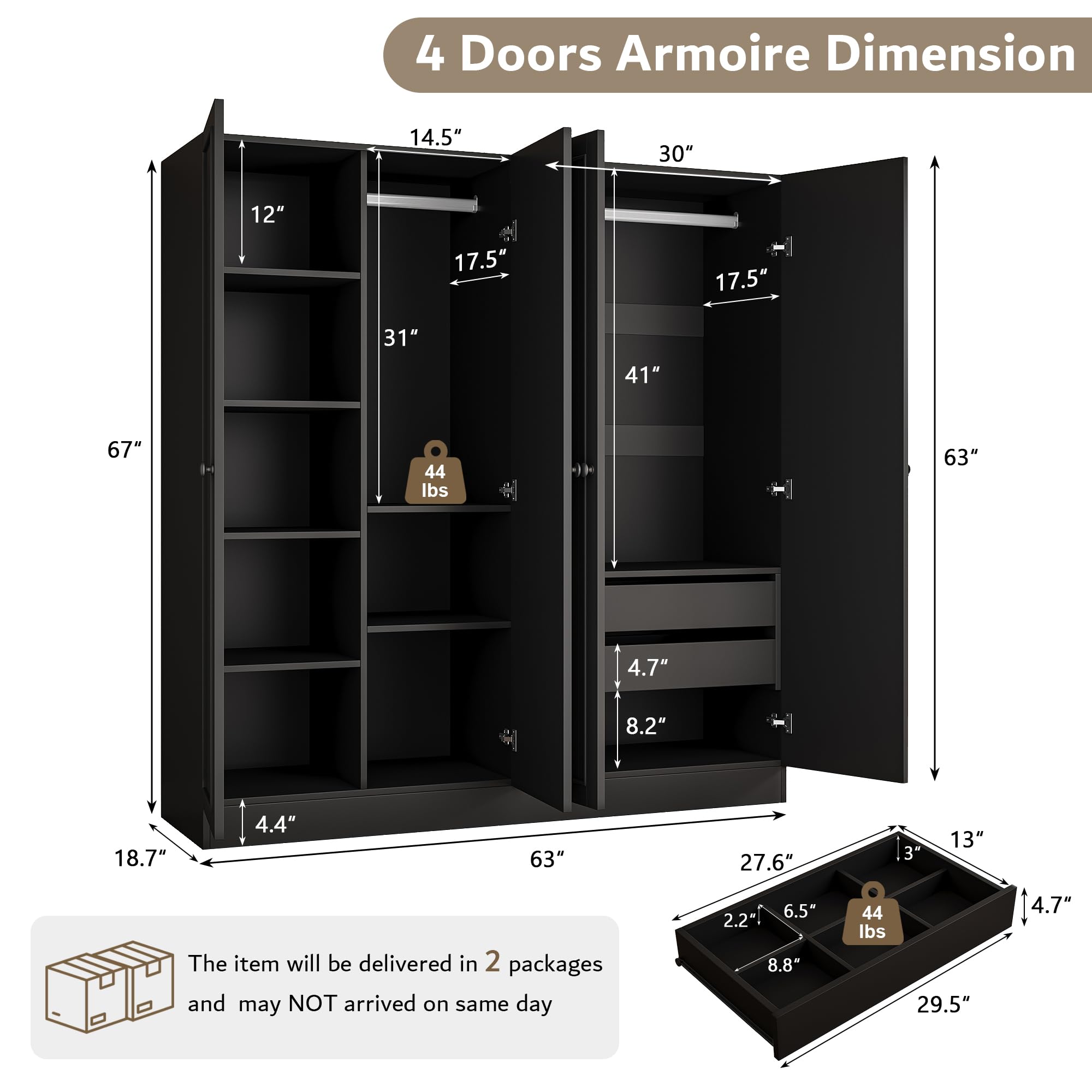 iPormis 4 Doors Armoire Wardrobe Closet with 2 Drawers, 63" Large Wardrobe Cabinet with Removable Hanging Rods and Adjustable Shelves, Closet Storage Cabinet for Bedroom, Cloak Room, Black