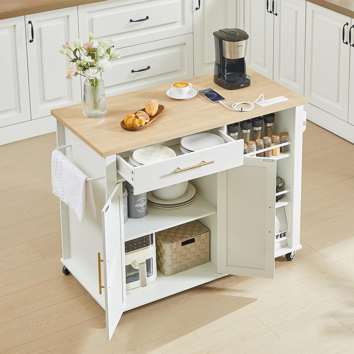 White Kitchen Island Cart with Power Outlet