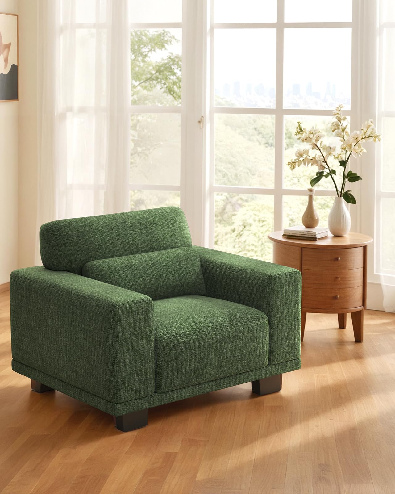 Compact Single Seater Sofa with Wide Armrests & Washable Linen Cover – Green
