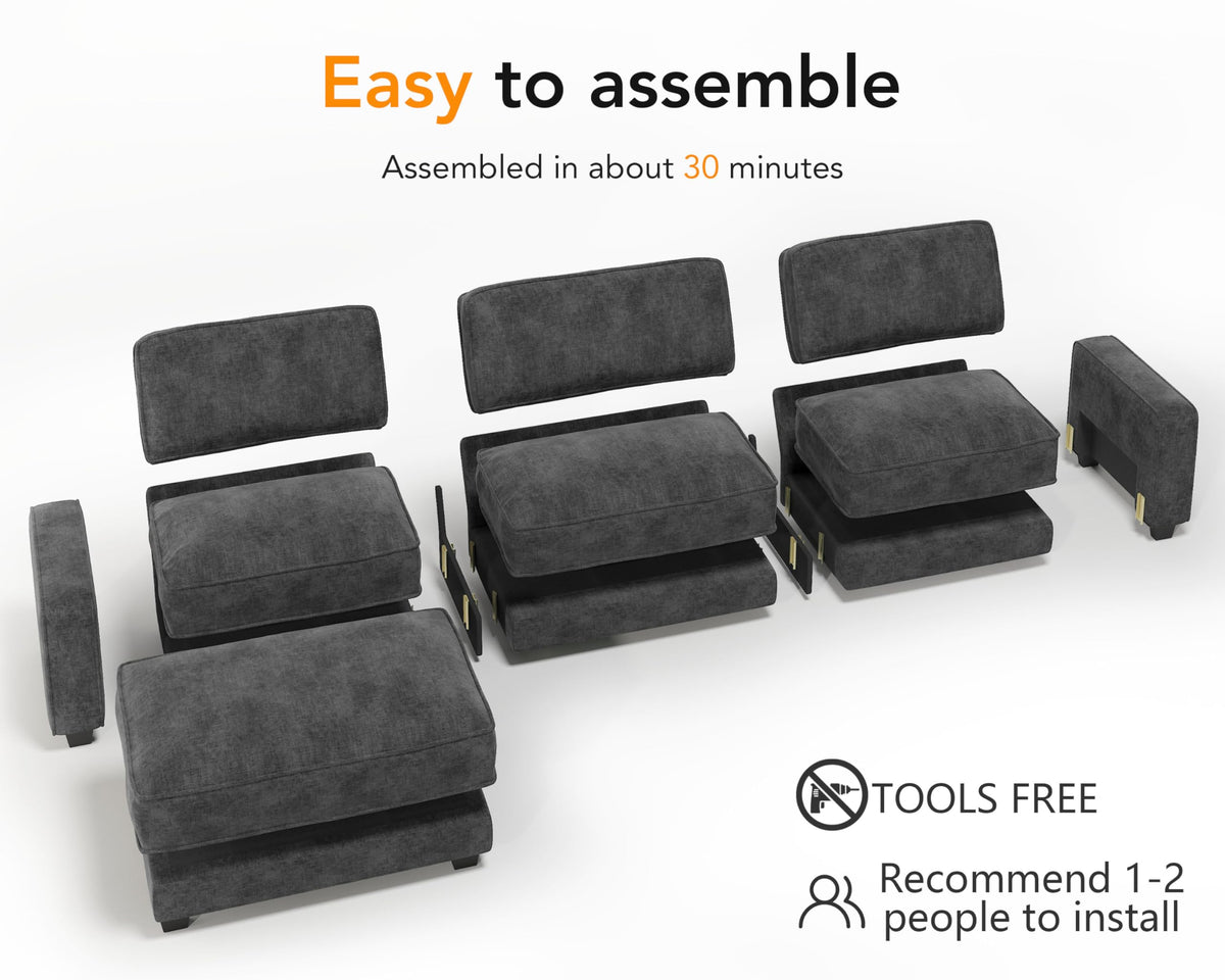 Vipbear 120" Oversized Modular Sectional Sofa, L Shaped Couch Set with 2 Pillows, 4 Seat Comfy Cloud Couches with Movable Ottoman for Living Room, Bedroom and Apartment, Chenille Dark Grey