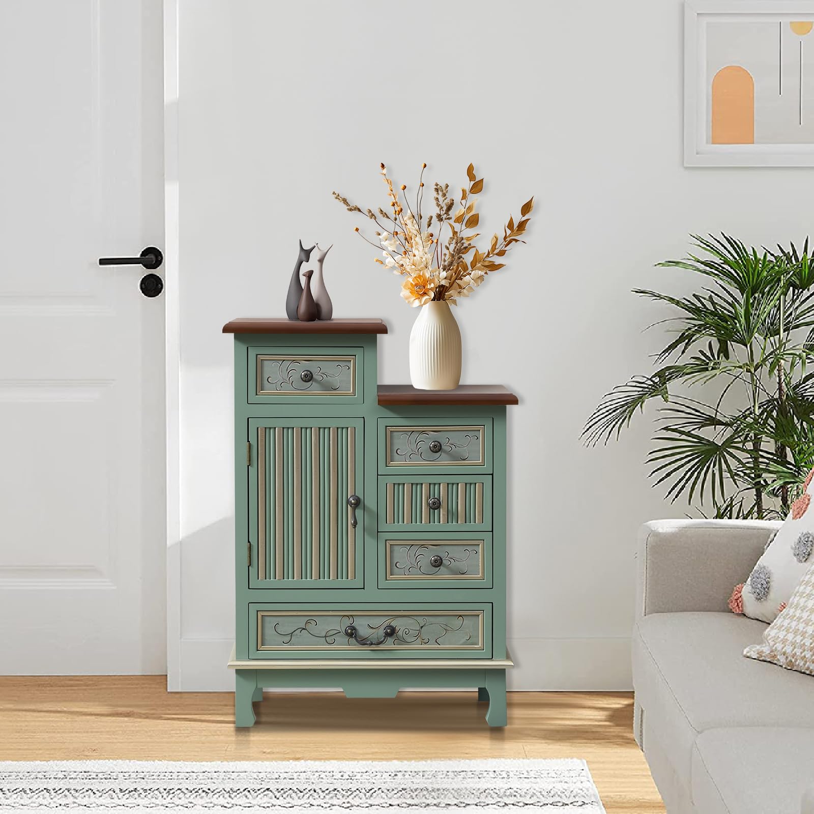 Vintage Accent Cabinet with 5 Drawers & Door – Carved Wood Storage Dresser