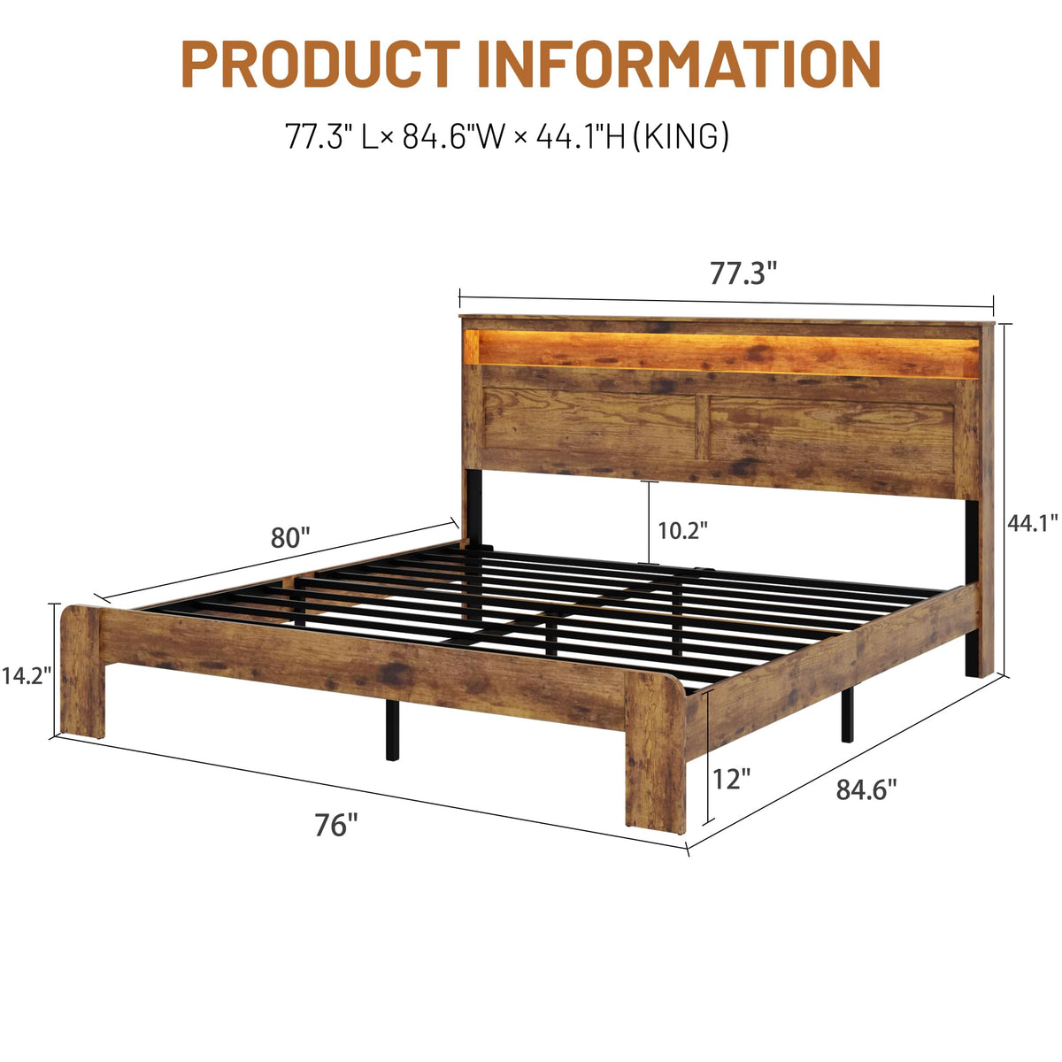 madeslves Wooden Bed Frame King Size with Storage Headboard, Brown