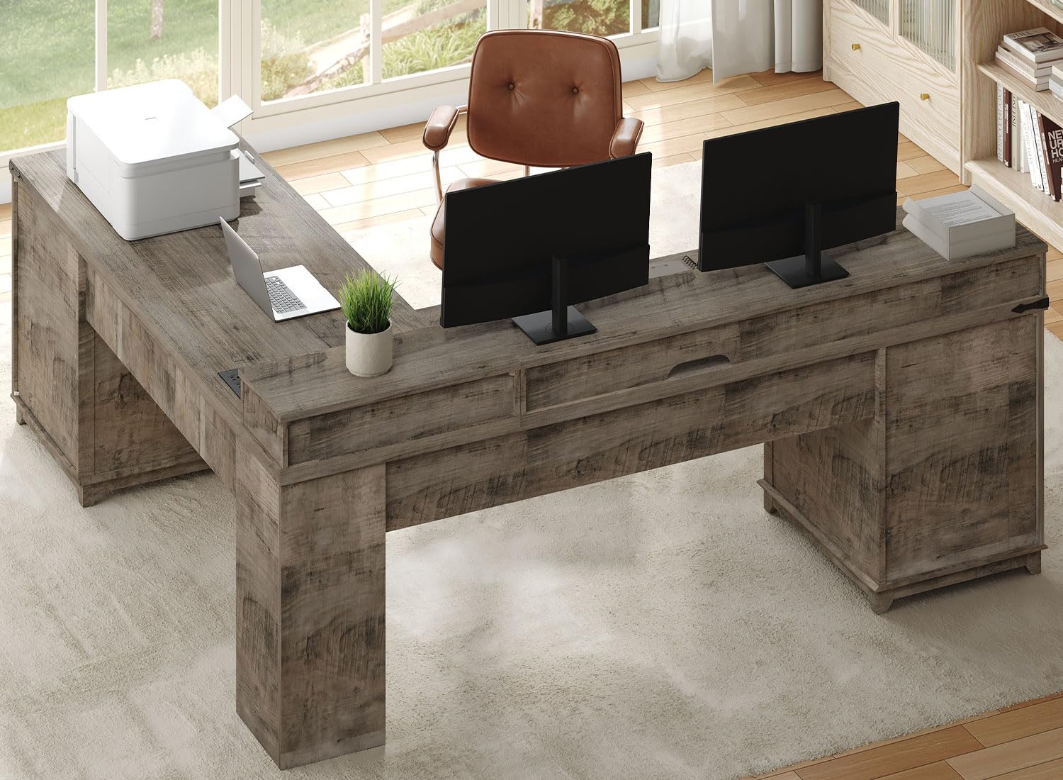 RALGEND Farmhouse 69" Executive L Shaped Desk with Drawer, Home Office Desk with Charging Station, Corner Computer Desk with Monitor Stand, File Drawer, Storage Cabinet, Greige