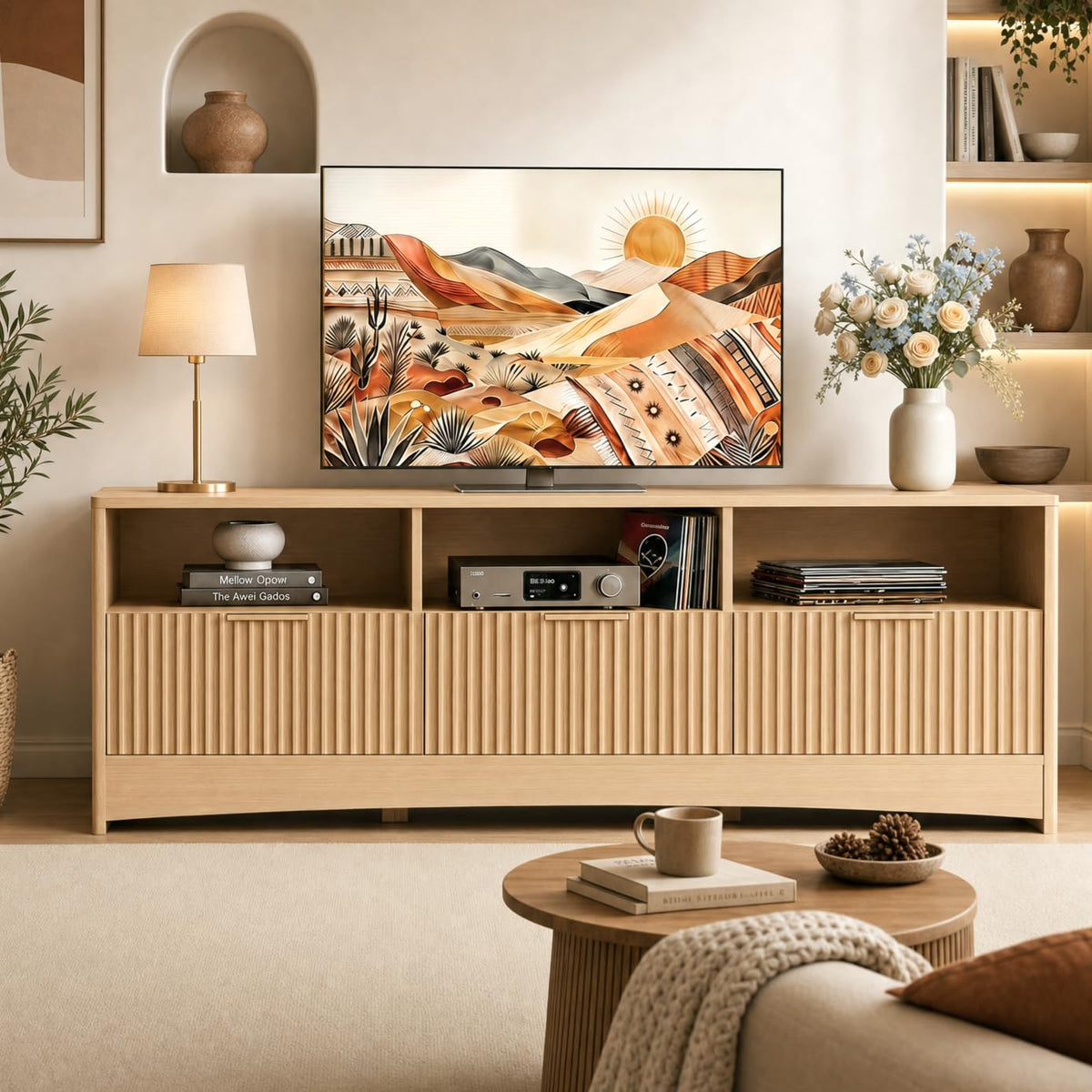 Oak Fluted TV Stand with Drawers