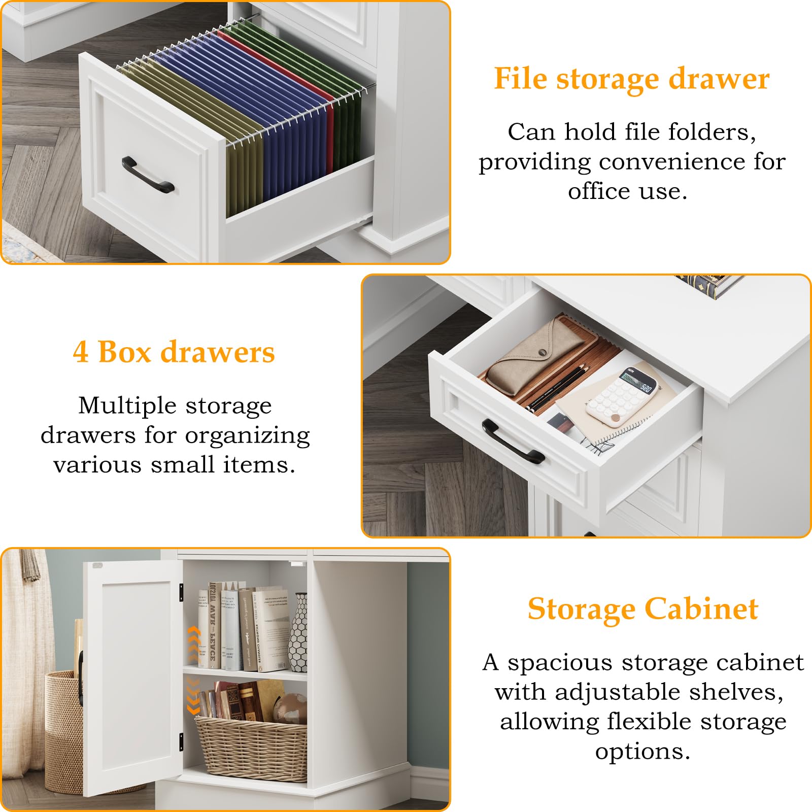 67" H Farmhouse Executive Desk with Hutch.Wood Workstation with 5 Drawers,Storage Cabinet,File Drawers and Charging Station, Ideal as Office Desk,Computer Desk for Home Office, Study. Cream White