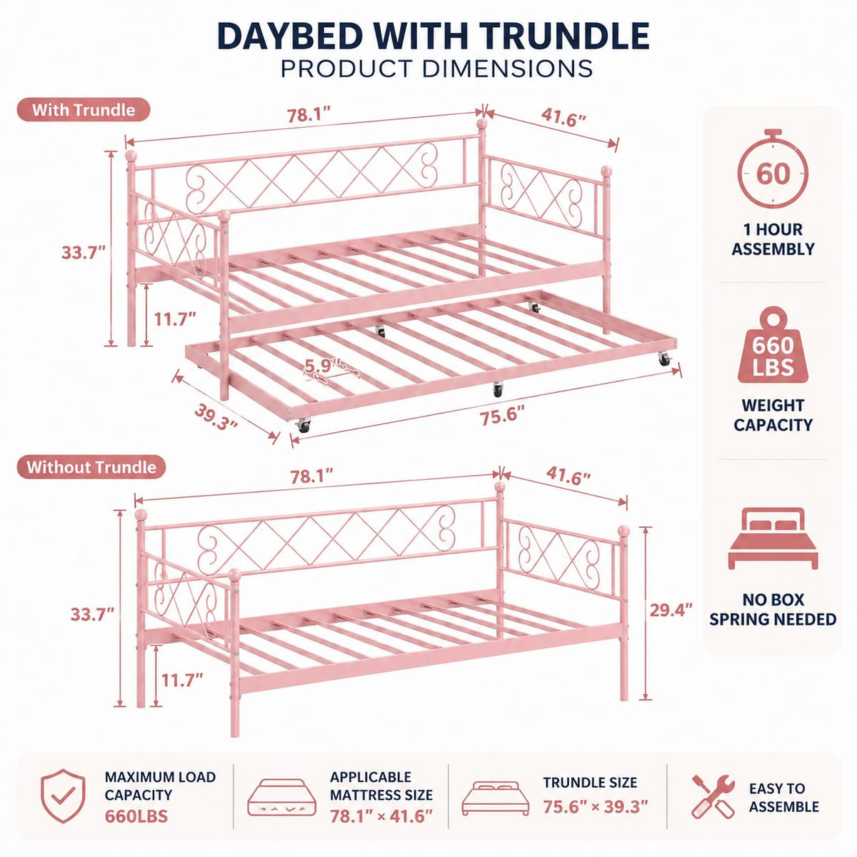 Garvee Twin Trundle Bed,Space Saving Daybed,Metal Sofa Bed for Room