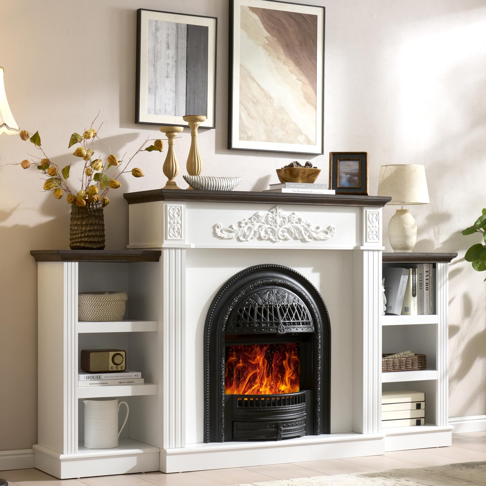 46" Tall Birdcage Electric Fireplace TV Stand with Mantel & Storage