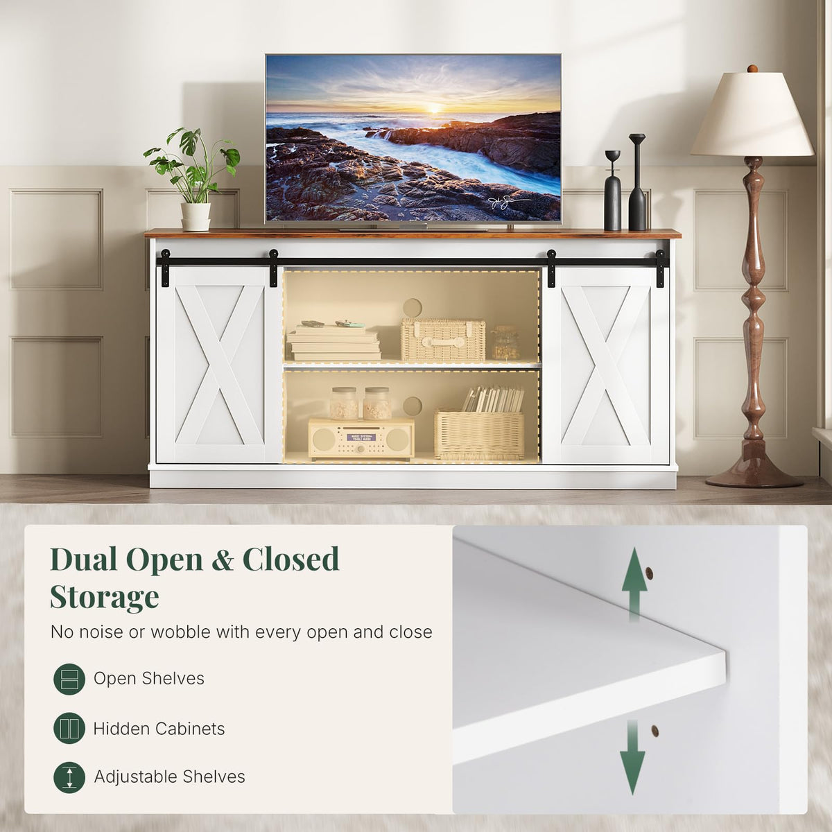 HAPPYMONT Farmhouse TV Stand for 65 Inch TV, Media Console, Milk White