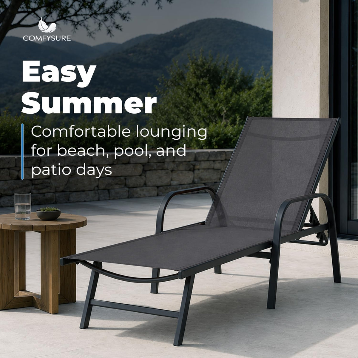 ComfySure Metal Outdoor Lounge Chairs, Set of 2 with Armrests – 5-Position Adjustable Recline, Weather-Resistant Anti-Rust Finish – Patio, Deck & Poolside Sun Loungers, Charcoal