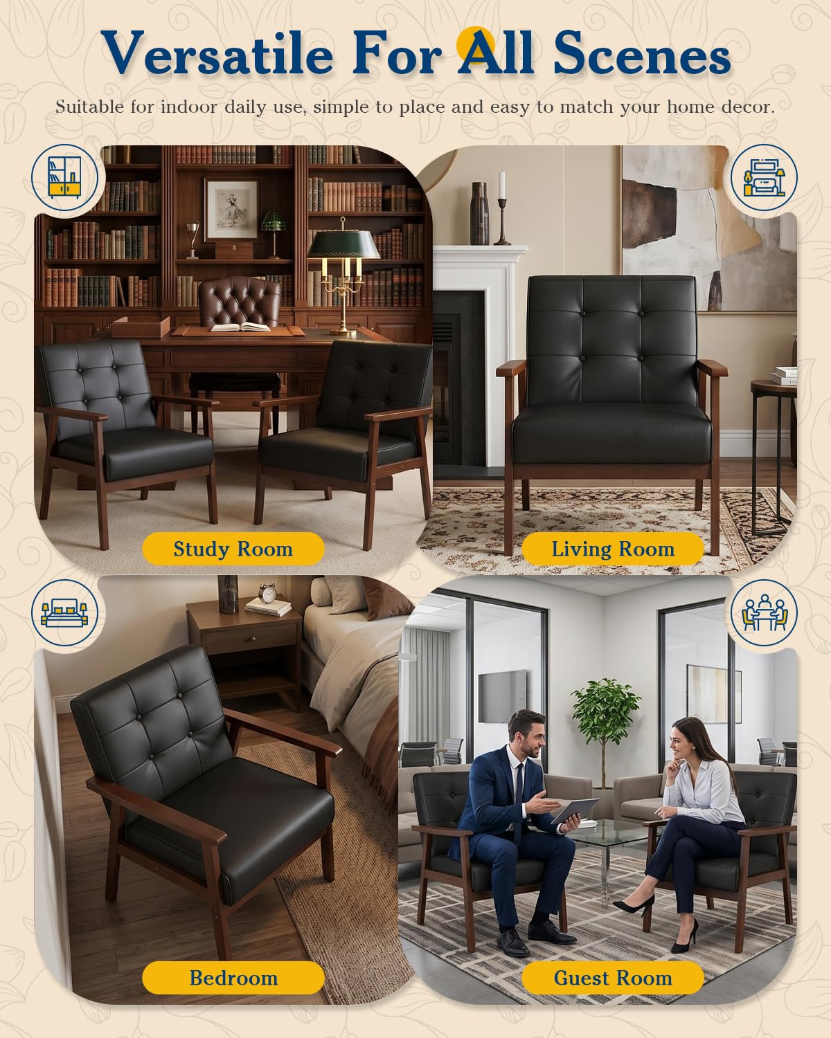 AODAILIHB Black Leather Accent Chairs Set of 2 - Mid Century Modern Armchair with Solid Wood Frame, Comfy Upholstered Reading Chair for Living Room, Office, Waiting Room