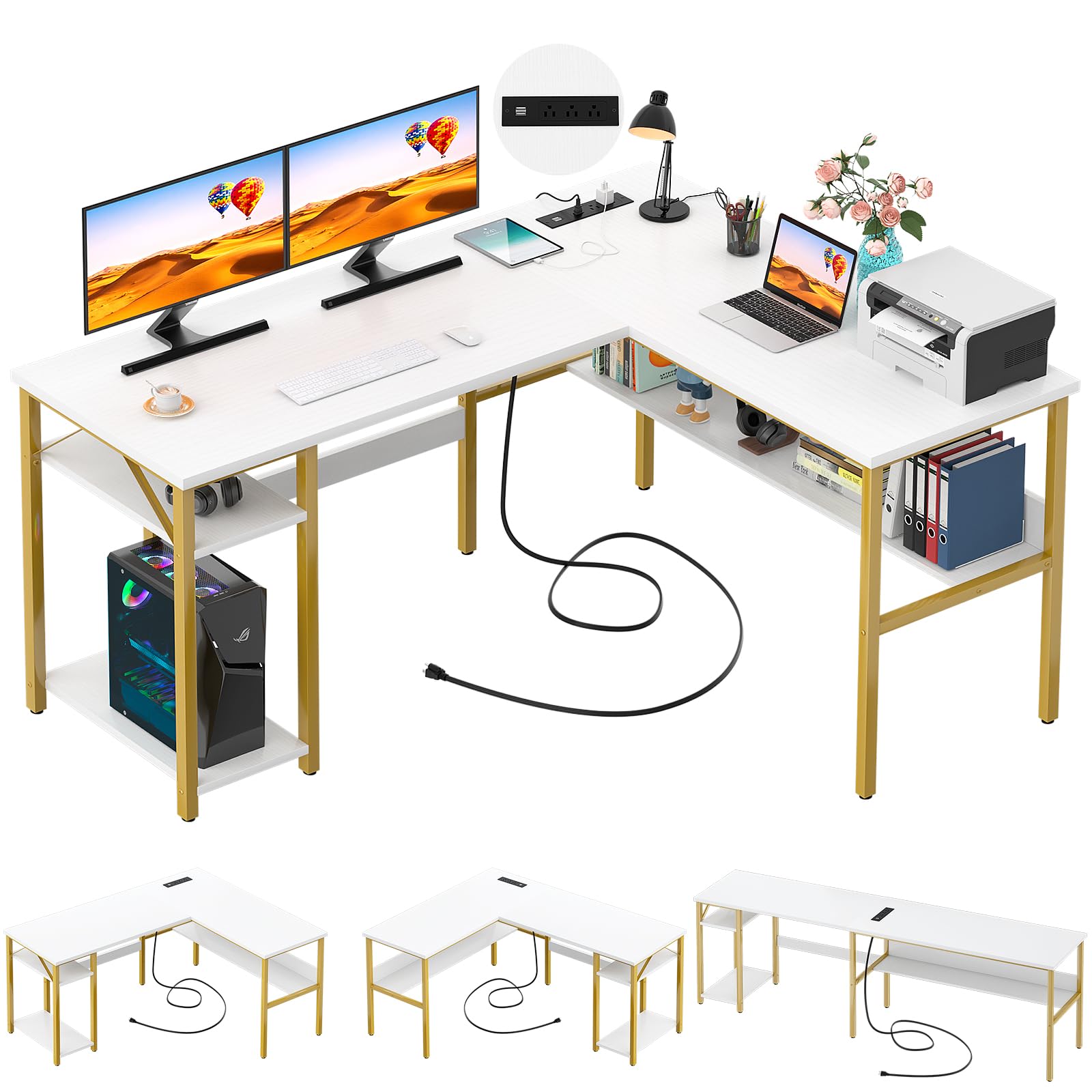 L-Shaped Desk with Power Outlets & USB Ports