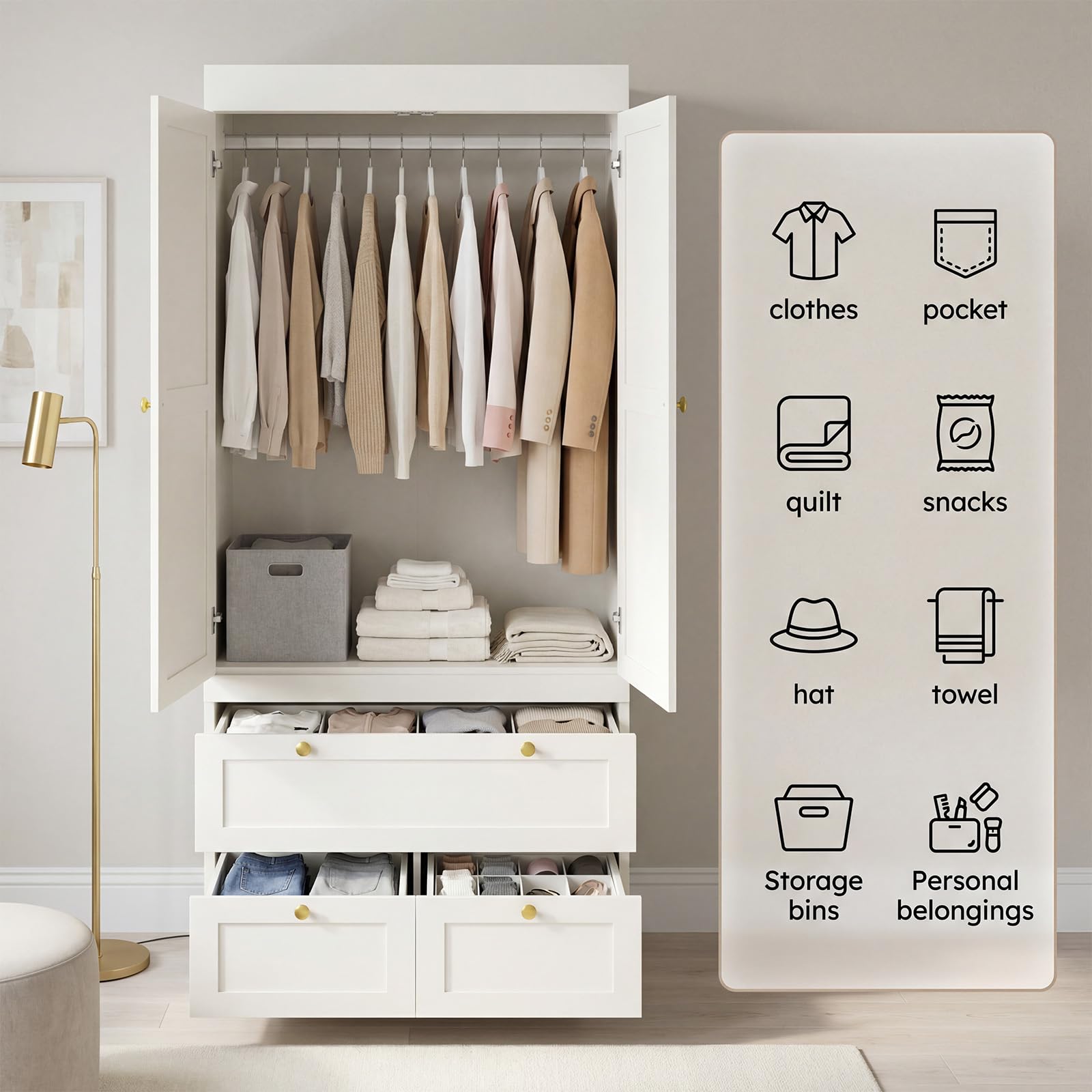 2-Door Wardrobe Closet with Drawers & Hanging Rod