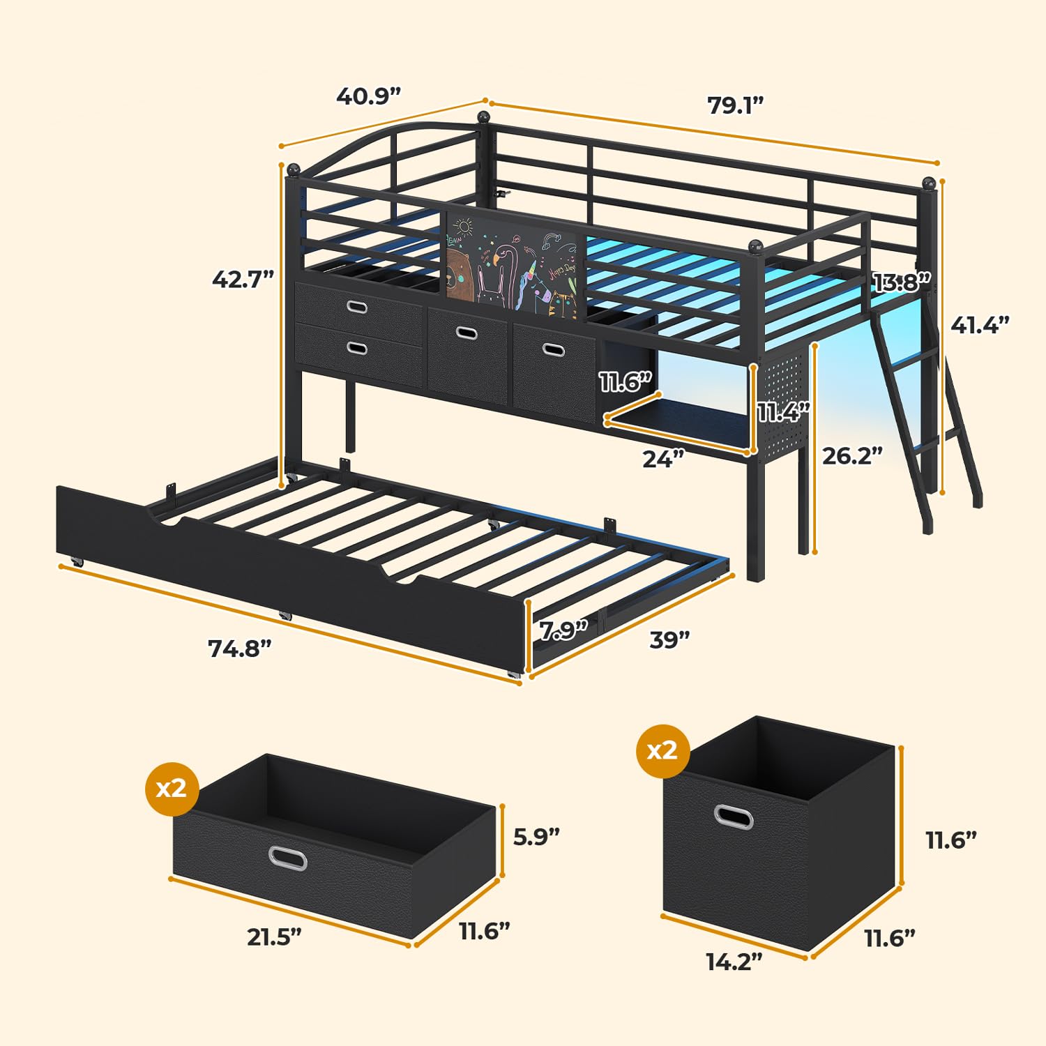 ADORNEVE Low Loft Bed Twin Size with Trundle & LED Lights, Kids Loft Bed with 4 Storage Drawers & Open Cubbies & DIY Pegboard, Twin Loft Bed with Safety Guardrail,Under-Bed Play Zone, Black