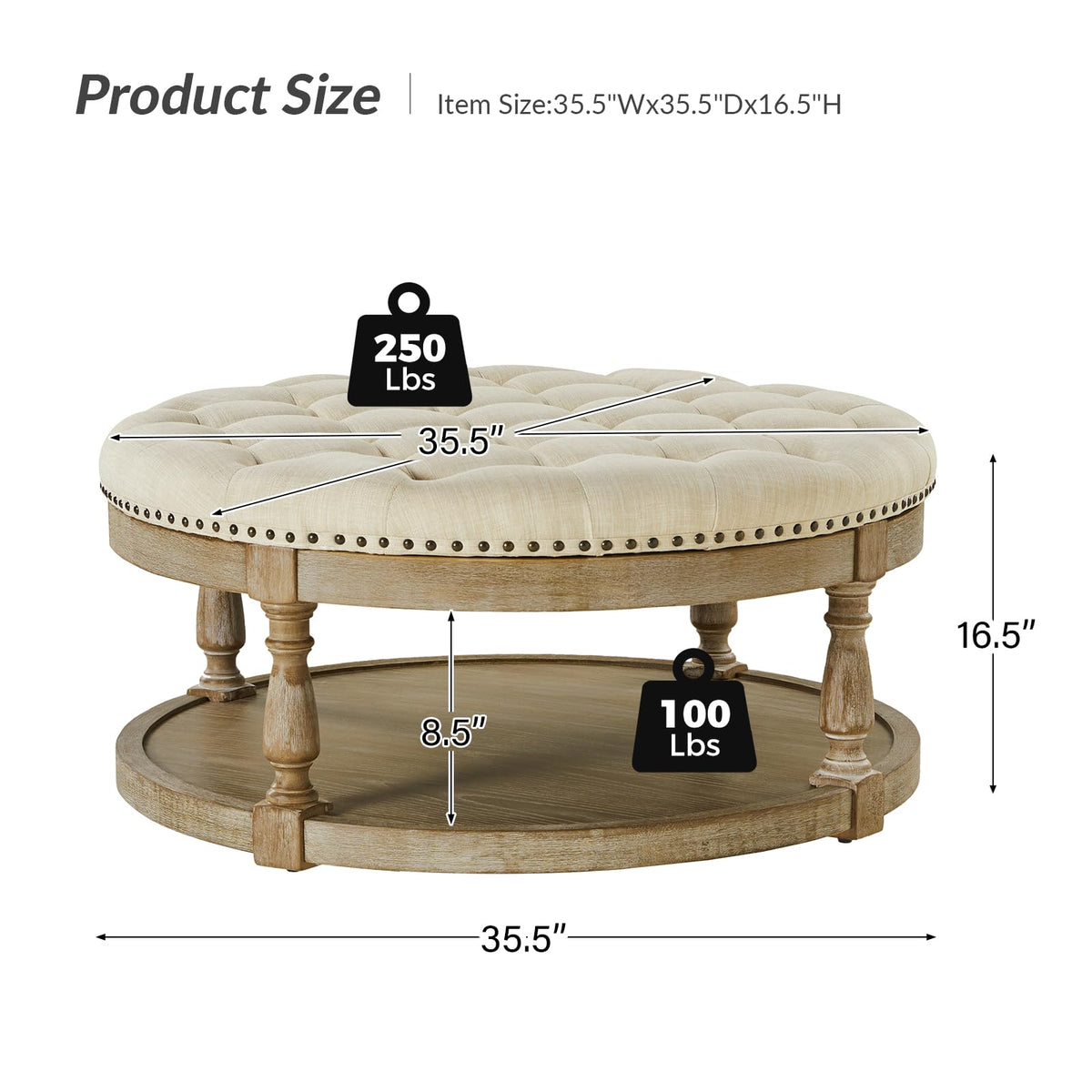 HULALA HOME Large Round Ottoman Coffee Table, 2-Tier Oversized Button Tufted Ottoman, with Wood Shelf Storage Farmhouse Upholstered, Coffee Table for Living Room Footrest, Linen