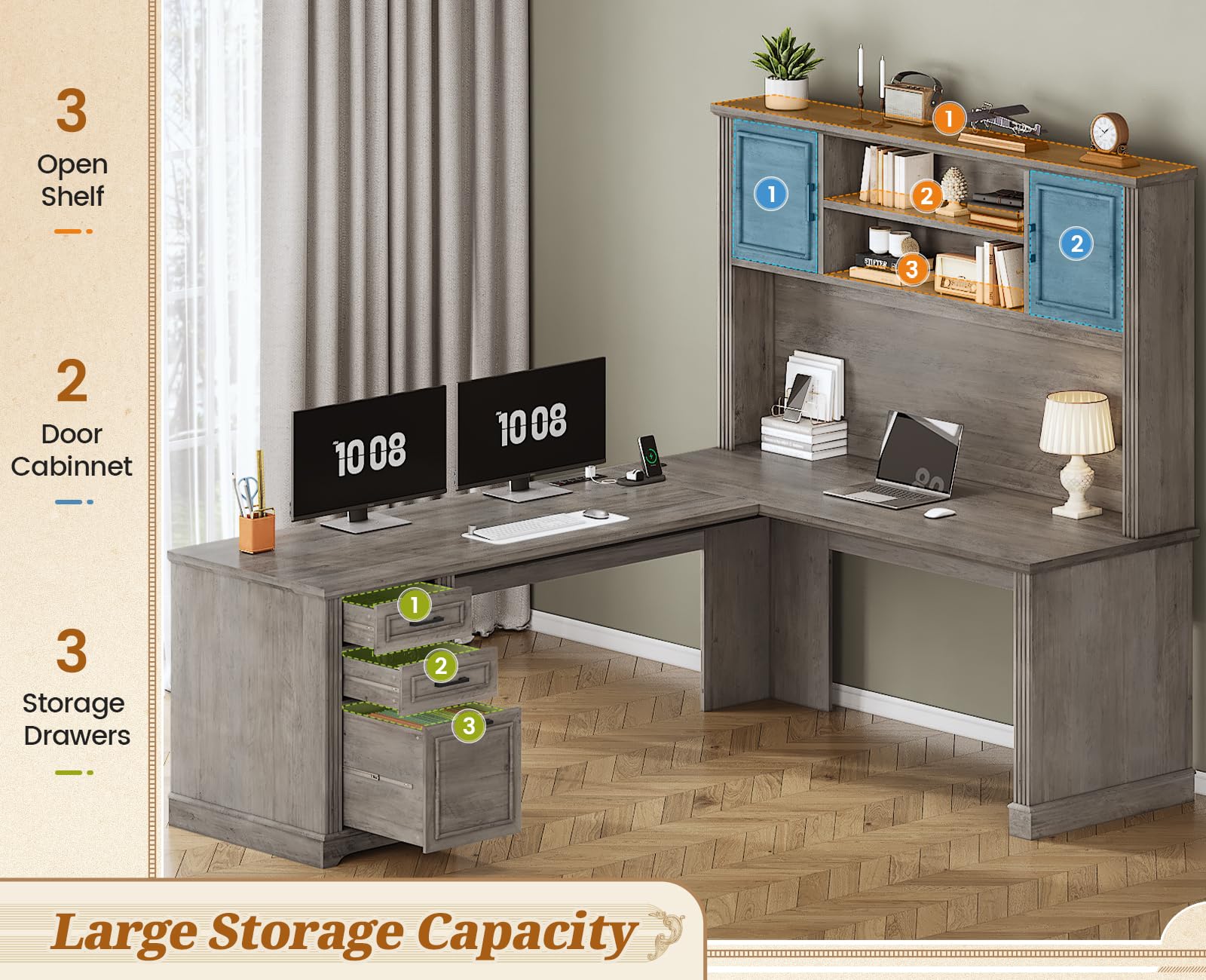 SEDETA Farmhouse L Shaped Desk with Hutch and 3 Drawers, 68.9" Executive Office Desk with File Drawer and Power Outlet, Corner Computer Desk with Storage Shelves for Home Office (Grey)