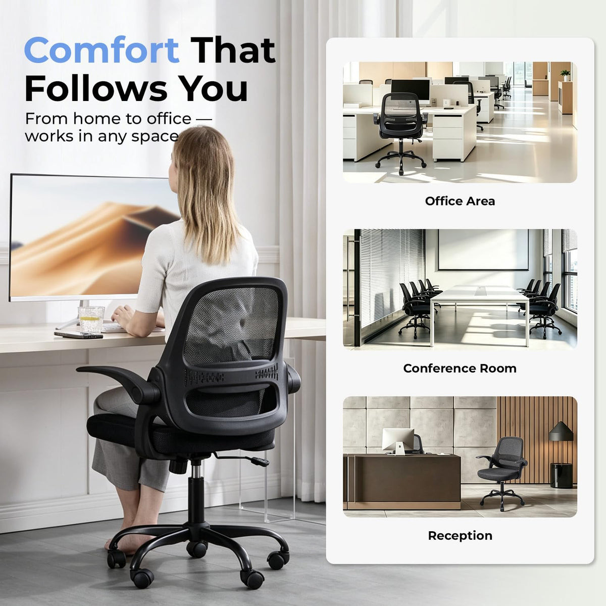 Amseatec Mesh Office Chair, Ergonomic Home Office Chair with Flip-Up Arms