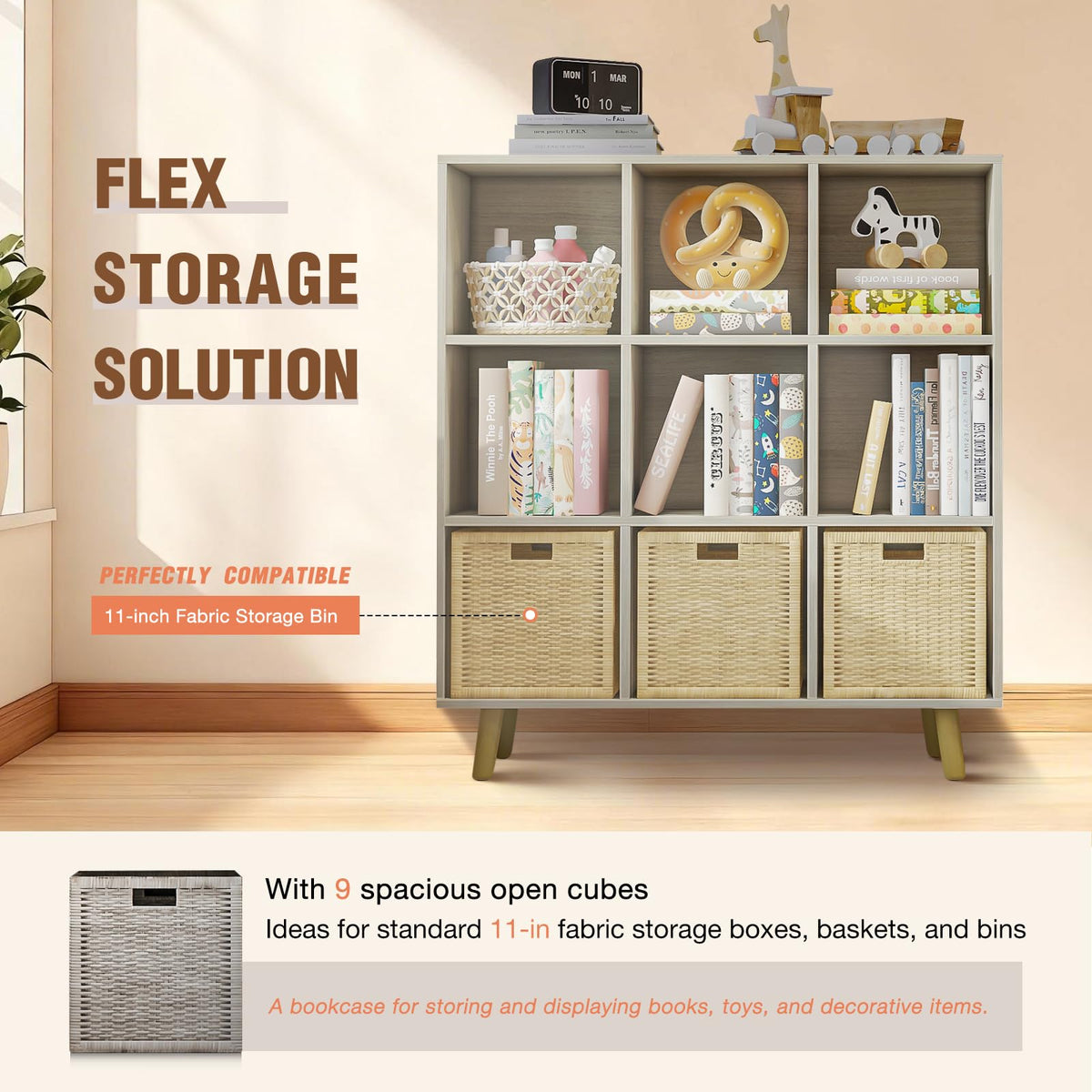 ELYUP 9-Cube Open Shelf Bookcase - 3-Tier Wooden Bookshelf with Legs, Oak