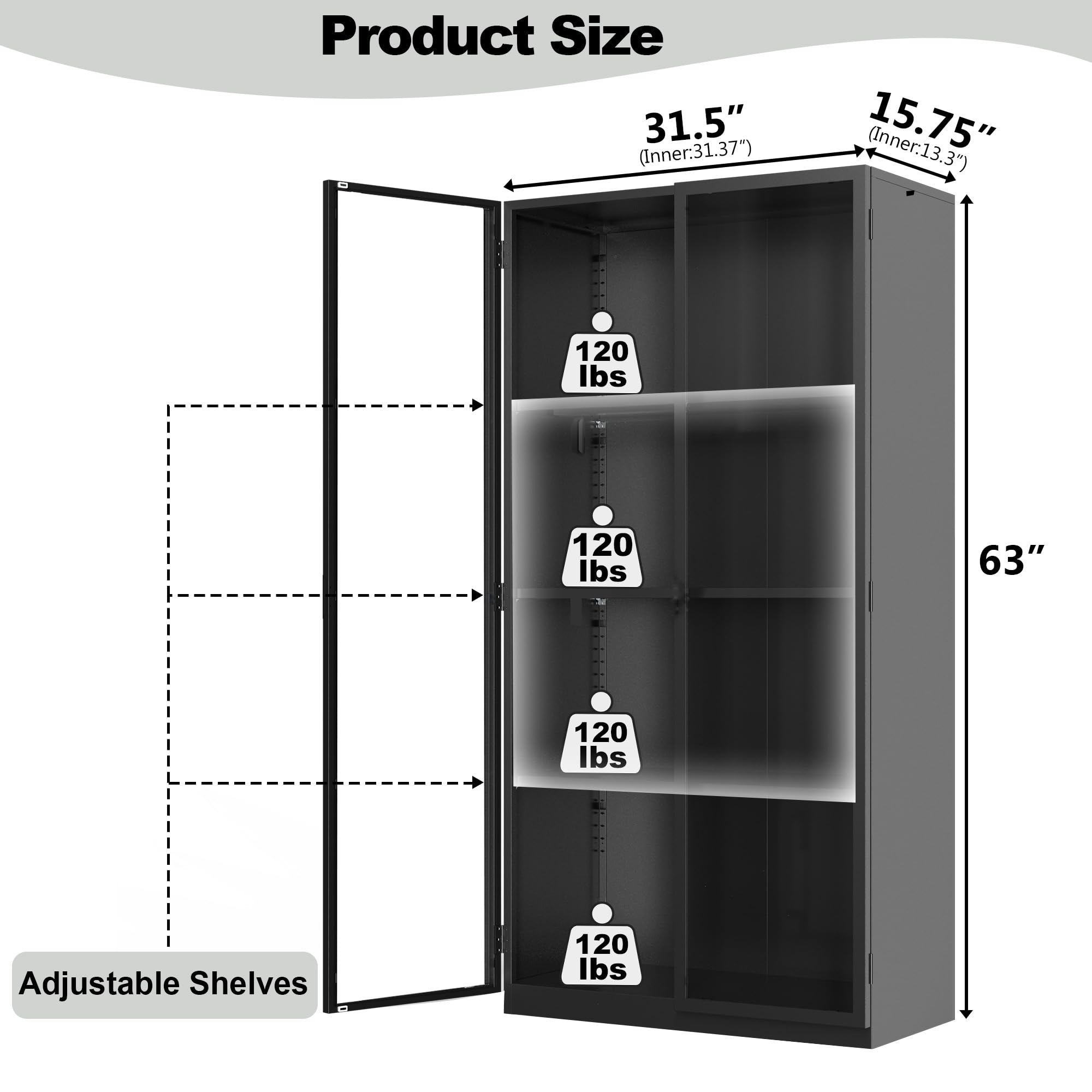 Kelueo 63" H Display Cabinet with Glass Doors,Tall Display Cabinet with LED Lights,Display Case for Collectibles,Glass Display Cabinets with 3 Adjustable Shelves for Living Room,Bedroom,Office