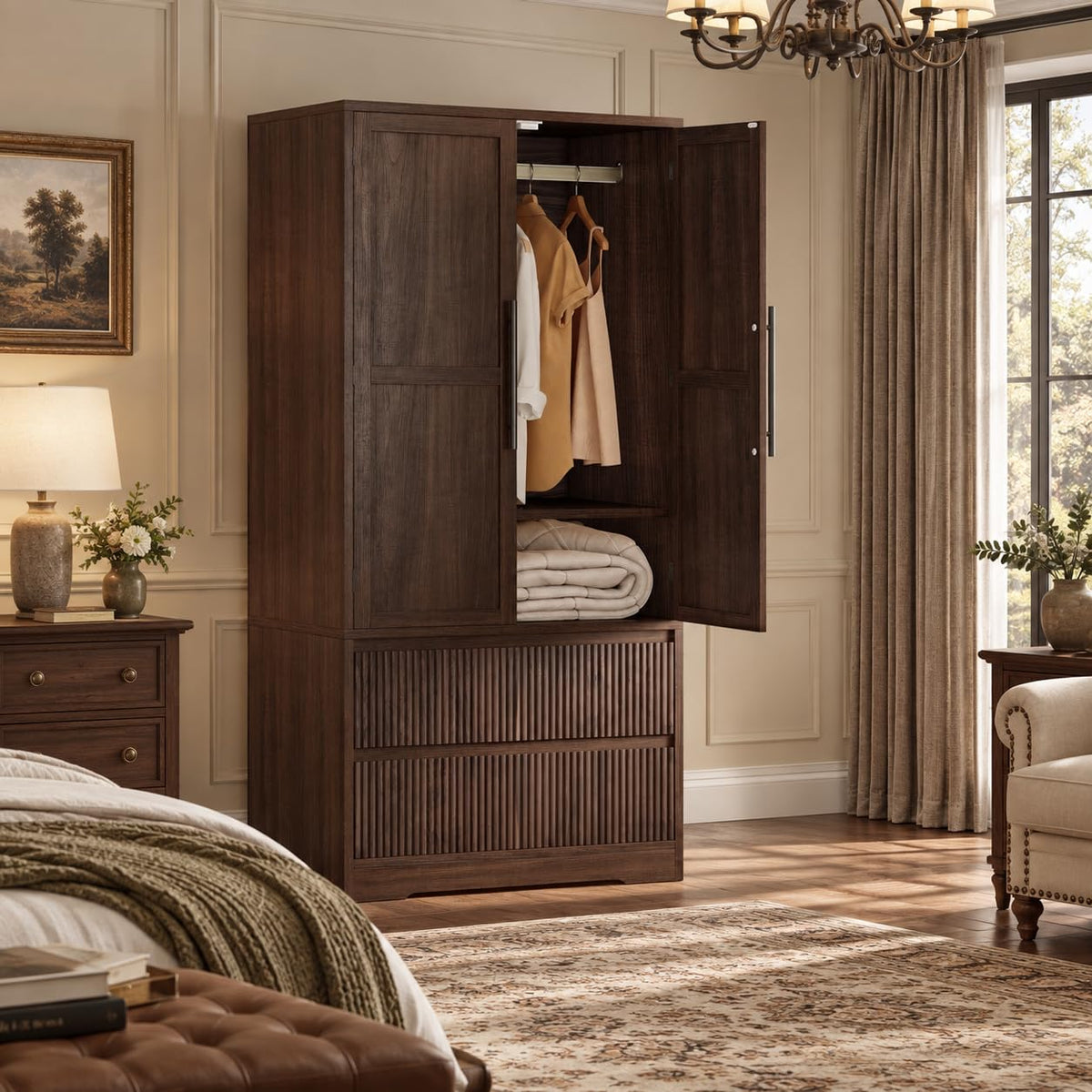 IDEALHOUSE Bedroom Armoire Wardrobe Closet w/ Wood Door & 2 Fluted Drawers