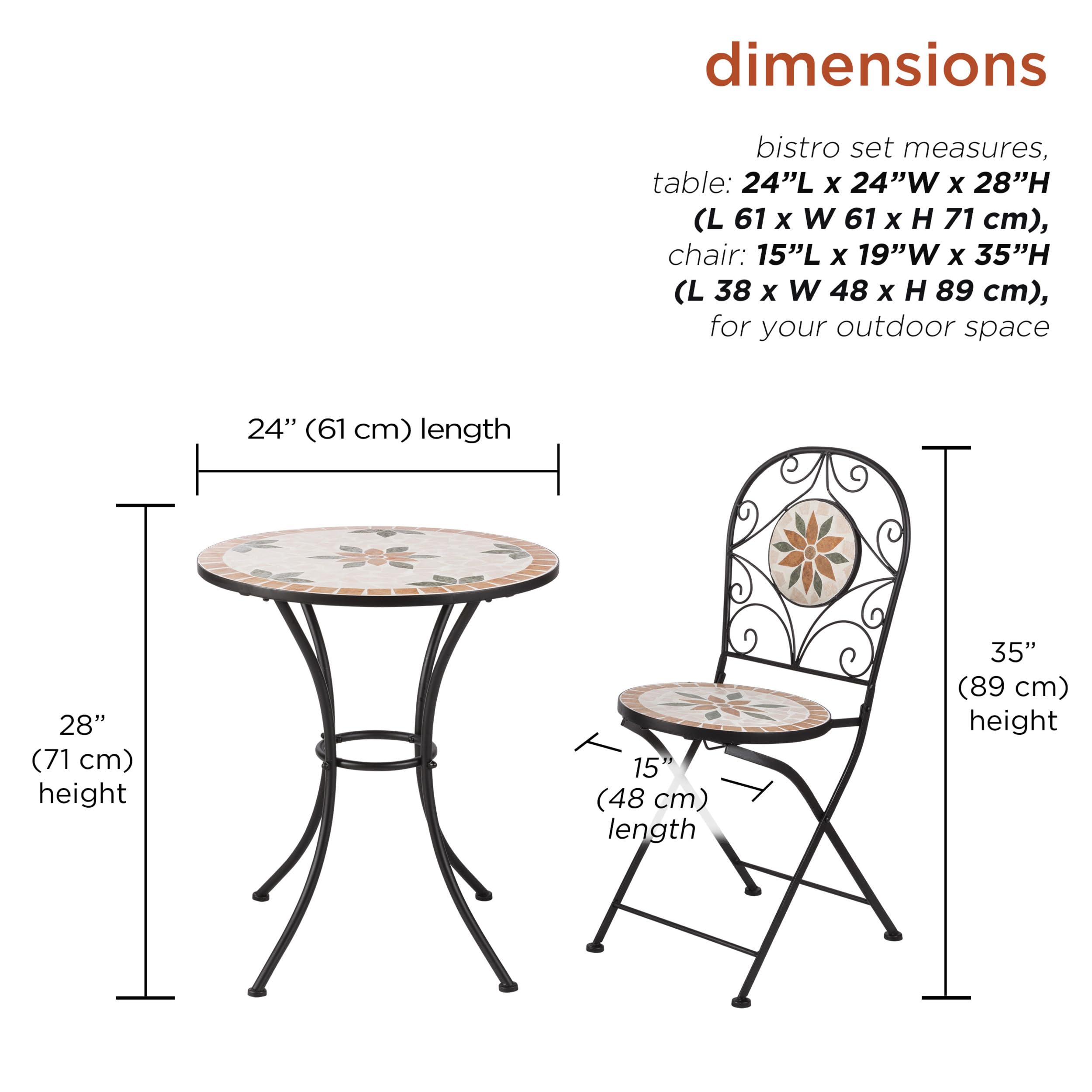 Alpine Corporation Indoor/Outdoor 3-Piece Mosaic Bistro Set Folding Table and Chairs Patio Seating, Tan