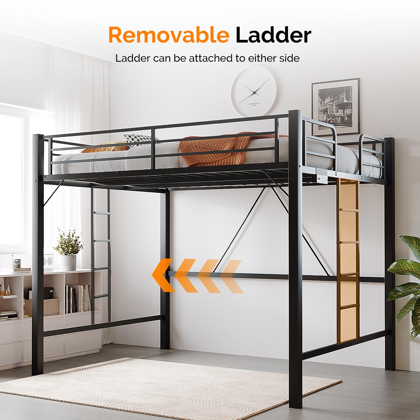 Queen Loft Bed with Charging Station & LED Lights