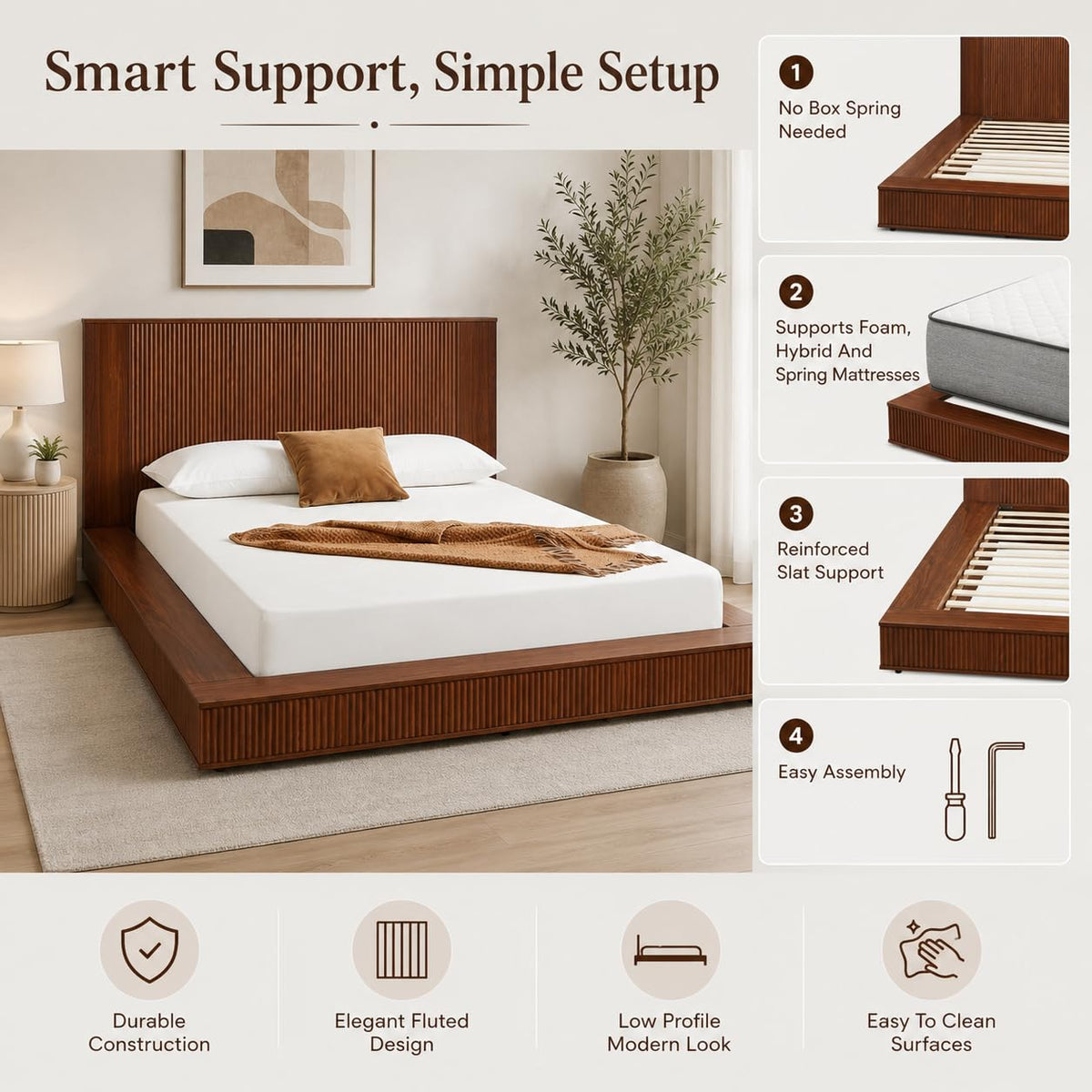 Low Profile Queen Platform Bed Frame with Vertical Fluted Headboard (Queen)