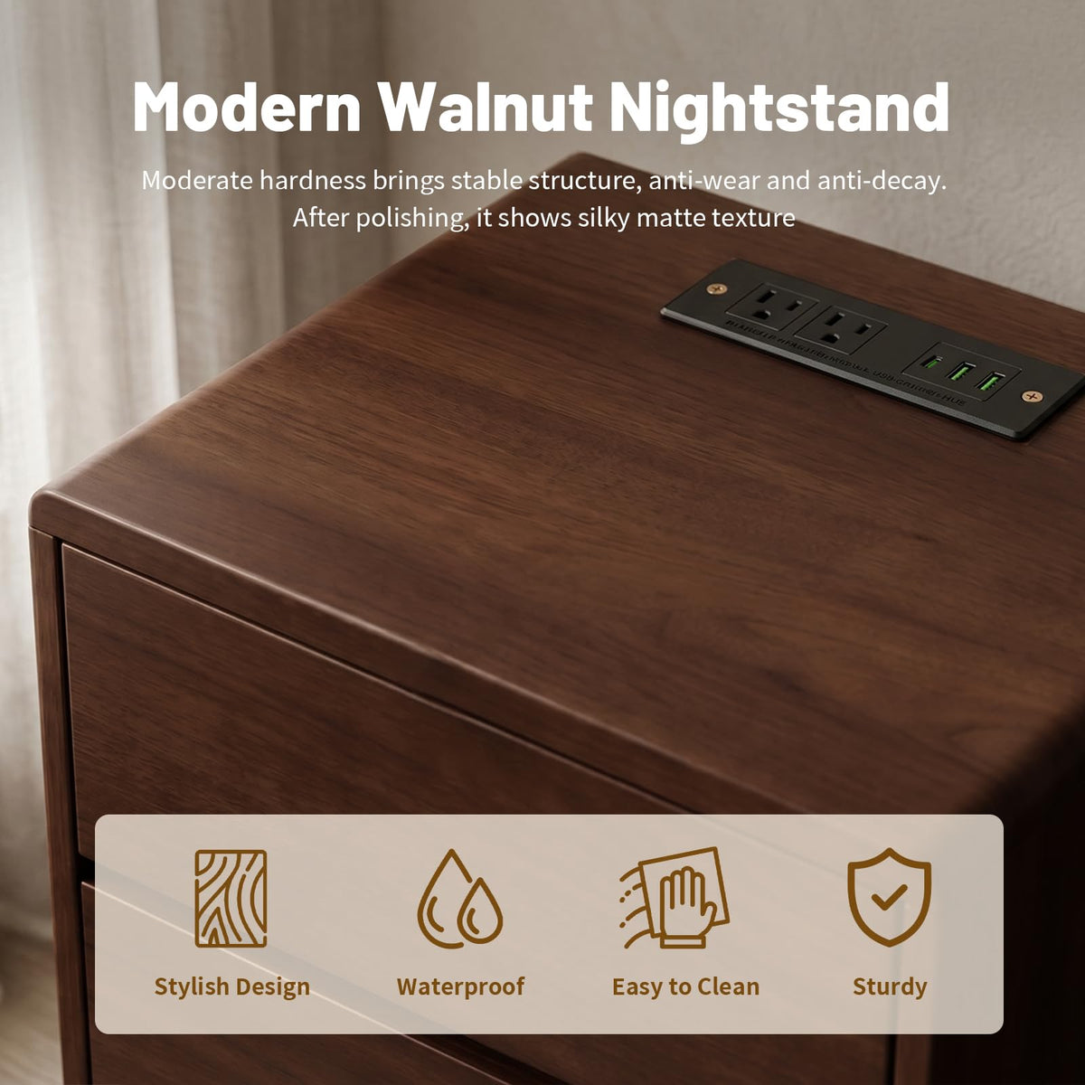 Solid Wood Nightstand with Charging Station,USB-C Port, 15.7 inch Wide End Table with 2 Drawers, Modern Wood Bedside Table for Bedroom(Walnut)